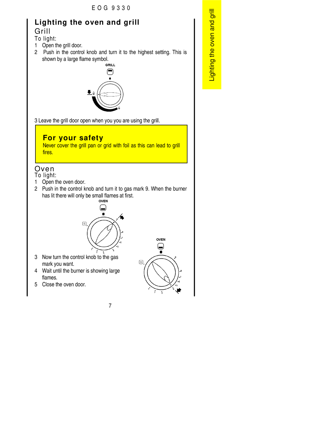 Electrolux EOG9330 manual Lighting the oven and grill, Grill, Oven, To light 