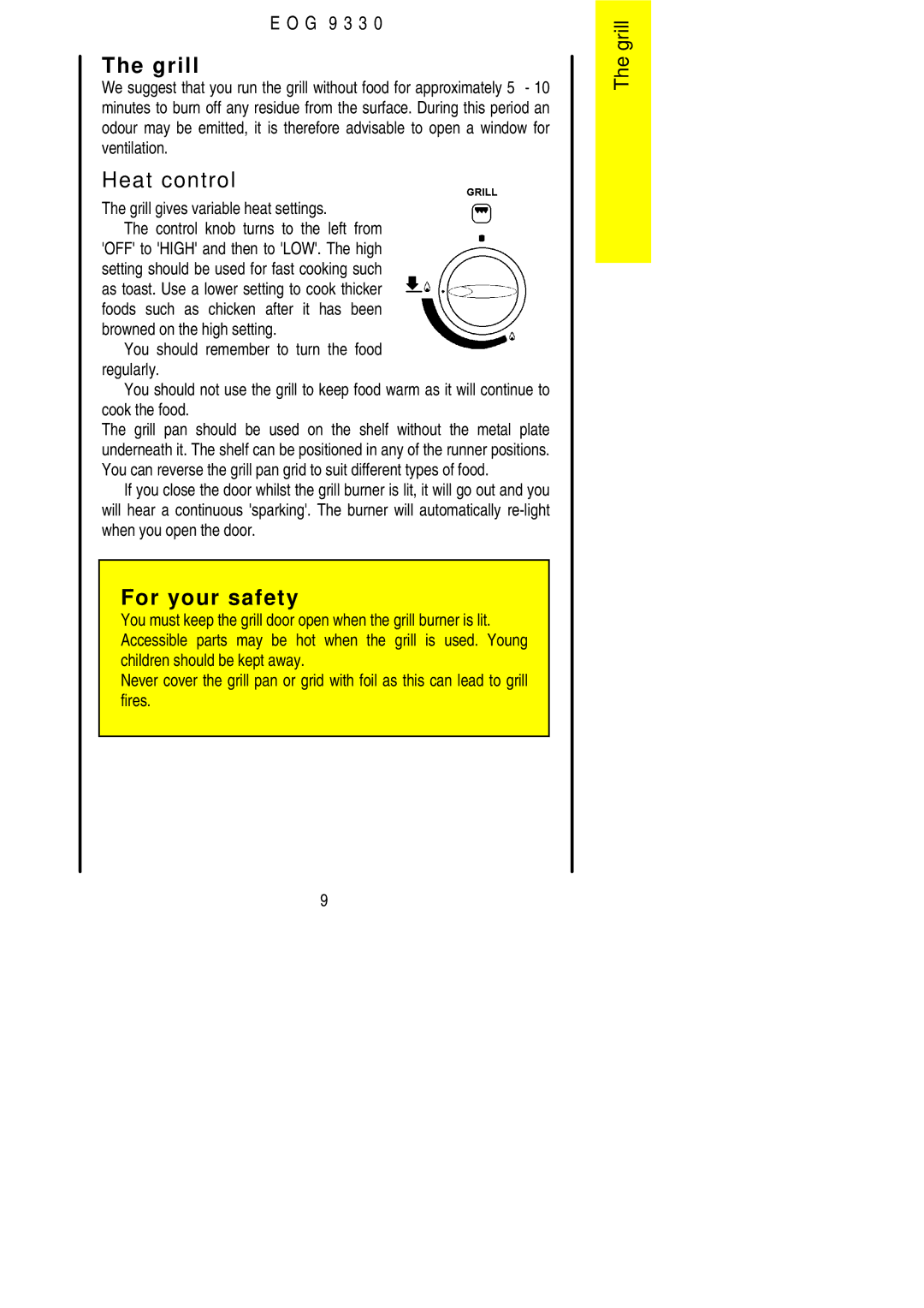 Electrolux EOG9330 manual Heat control, Grill gives variable heat settings 