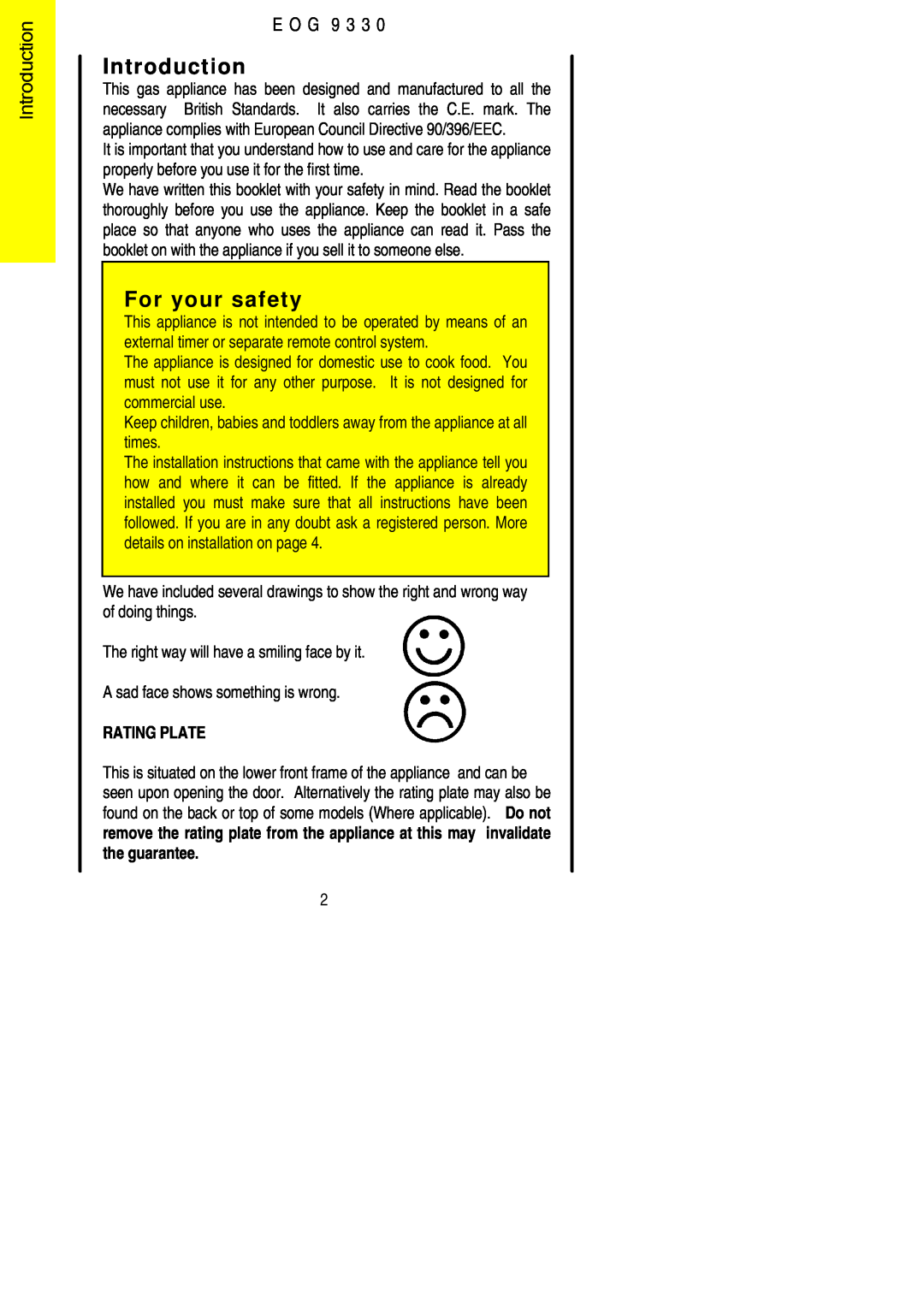 Electrolux EOG9330 manual Introduction, For your safety, E O G, Rating Plate 