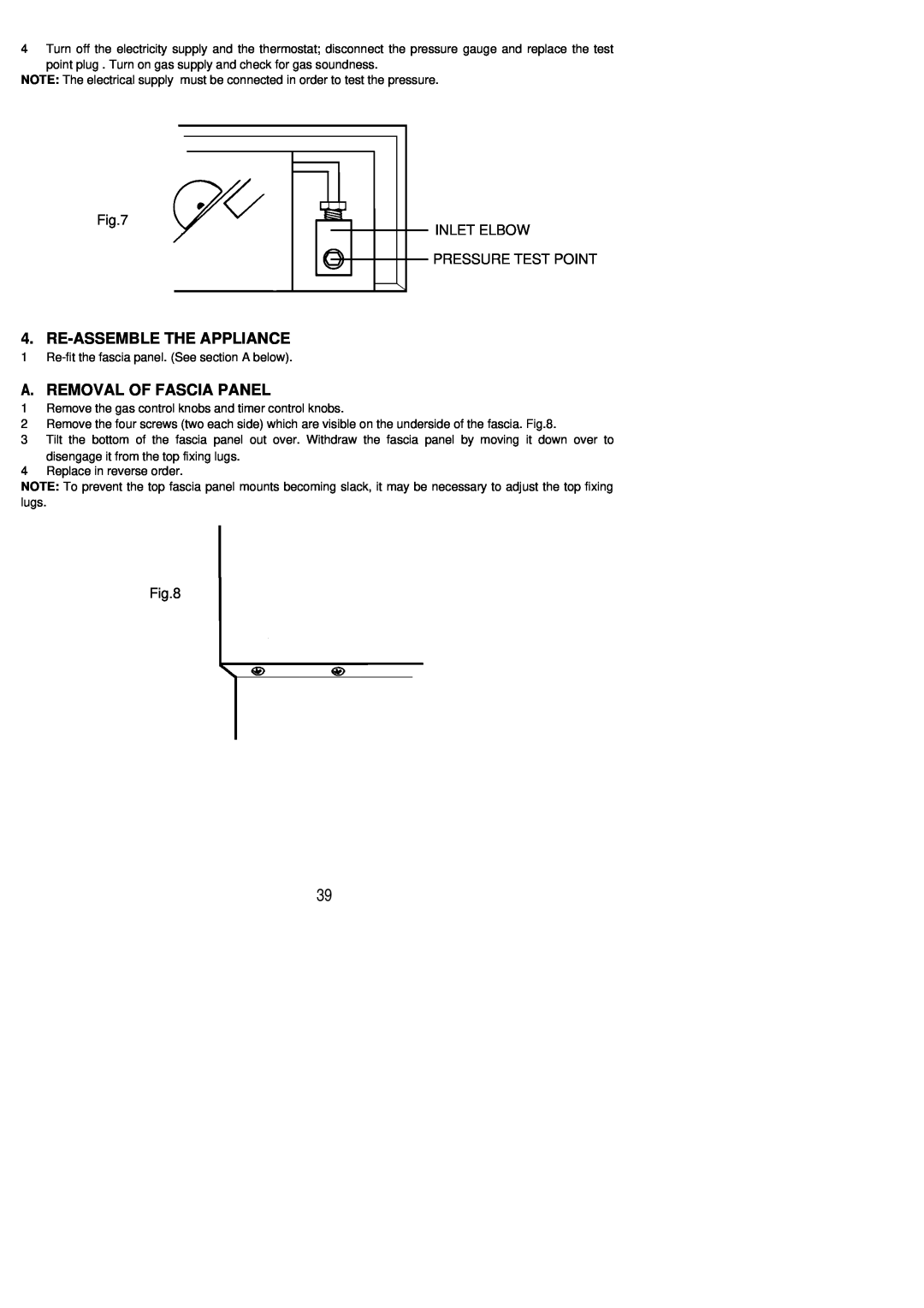Electrolux EOG9330 manual Re-Assemblethe Appliance, A.Removal Of Fascia Panel, Inlet Elbow Pressure Test Point 