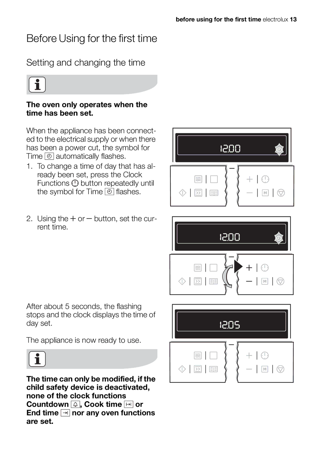 Electrolux EOK86030 user manual Before Using for the first time, Setting and changing the time 