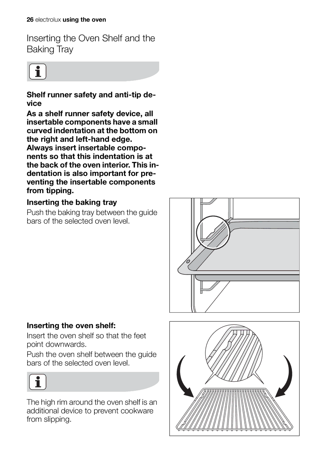 Electrolux EOK86030 user manual Inserting the Oven Shelf and the Baking Tray 