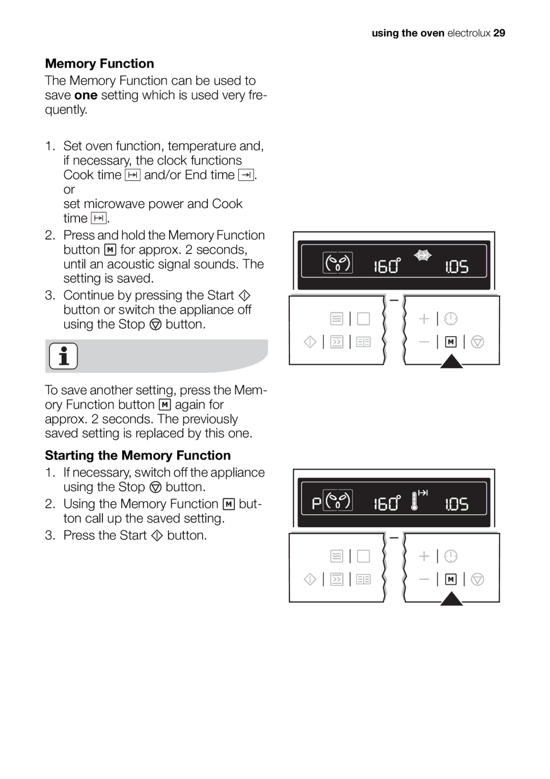 Electrolux EOK86030 user manual Press and hold the Memory Function button for approx seconds 