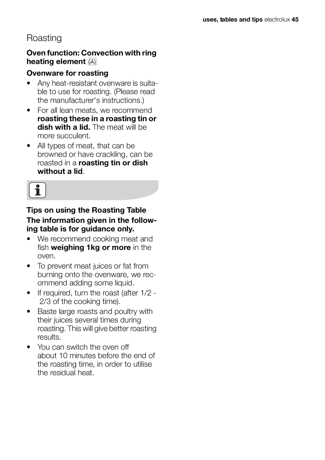 Electrolux EOK86030 user manual Roasting 