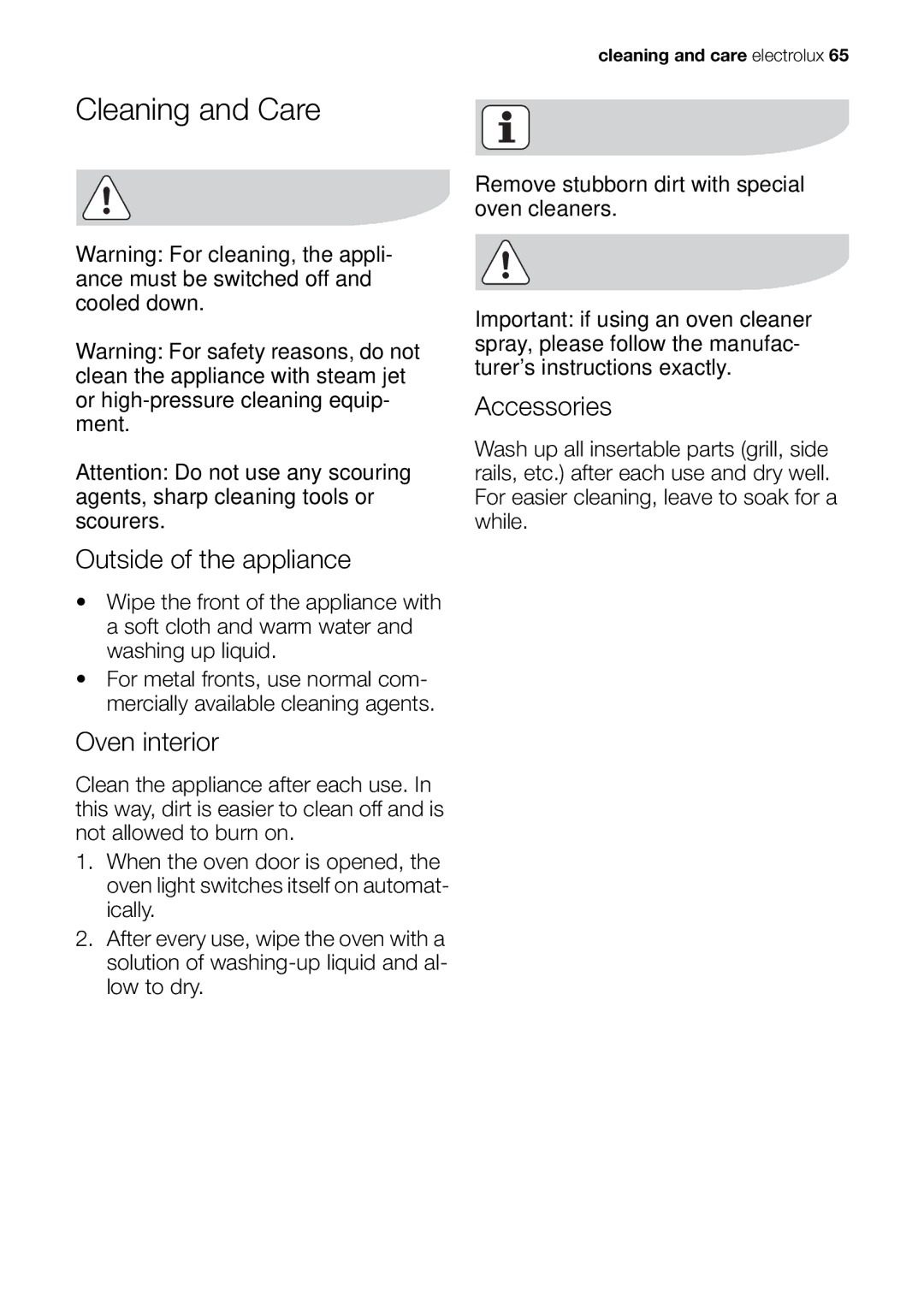 Electrolux EOK86030 user manual Cleaning and Care, Outside of the appliance, Oven interior, Accessories 