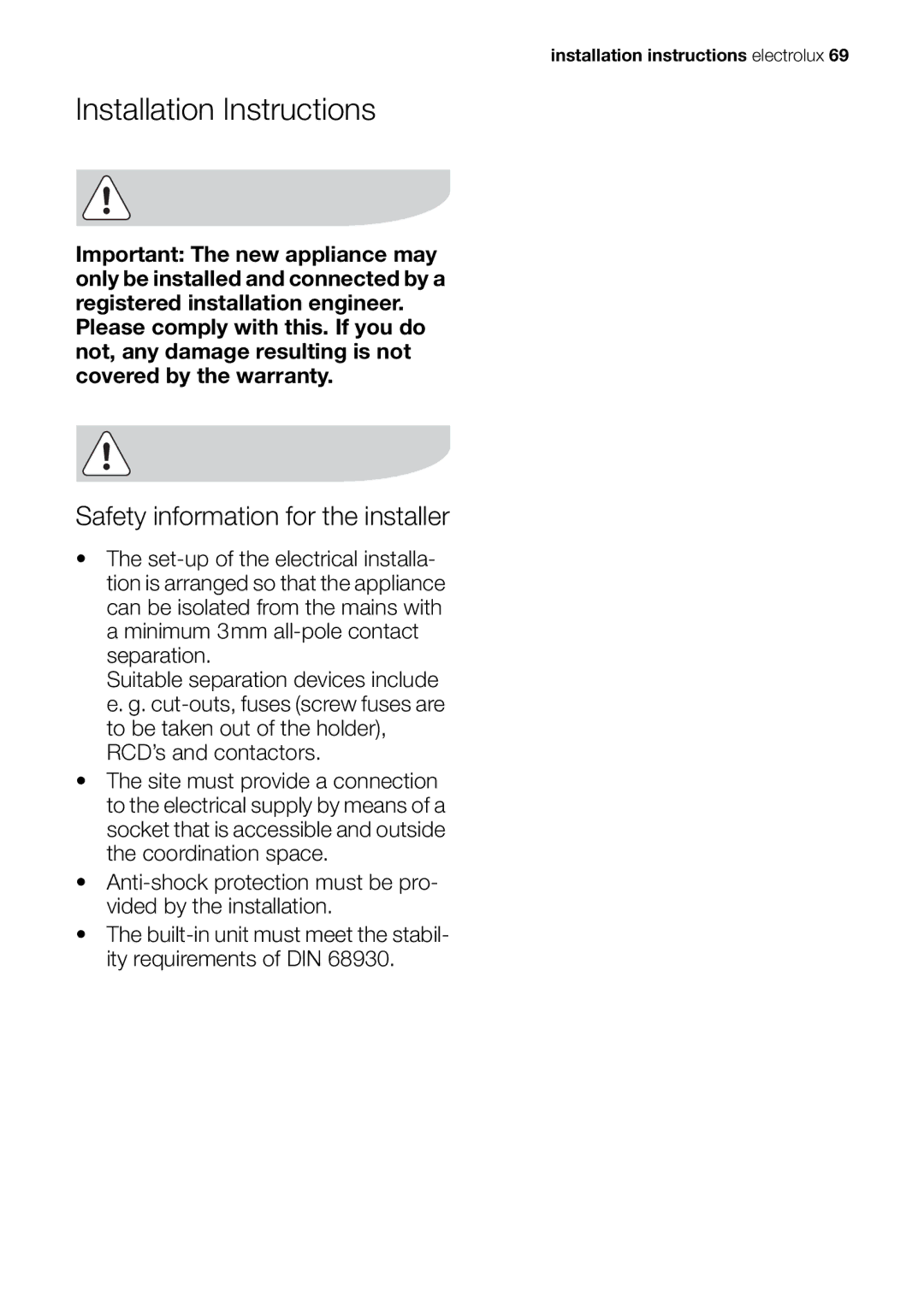 Electrolux EOK86030 user manual Installation Instructions, Safety information for the installer 