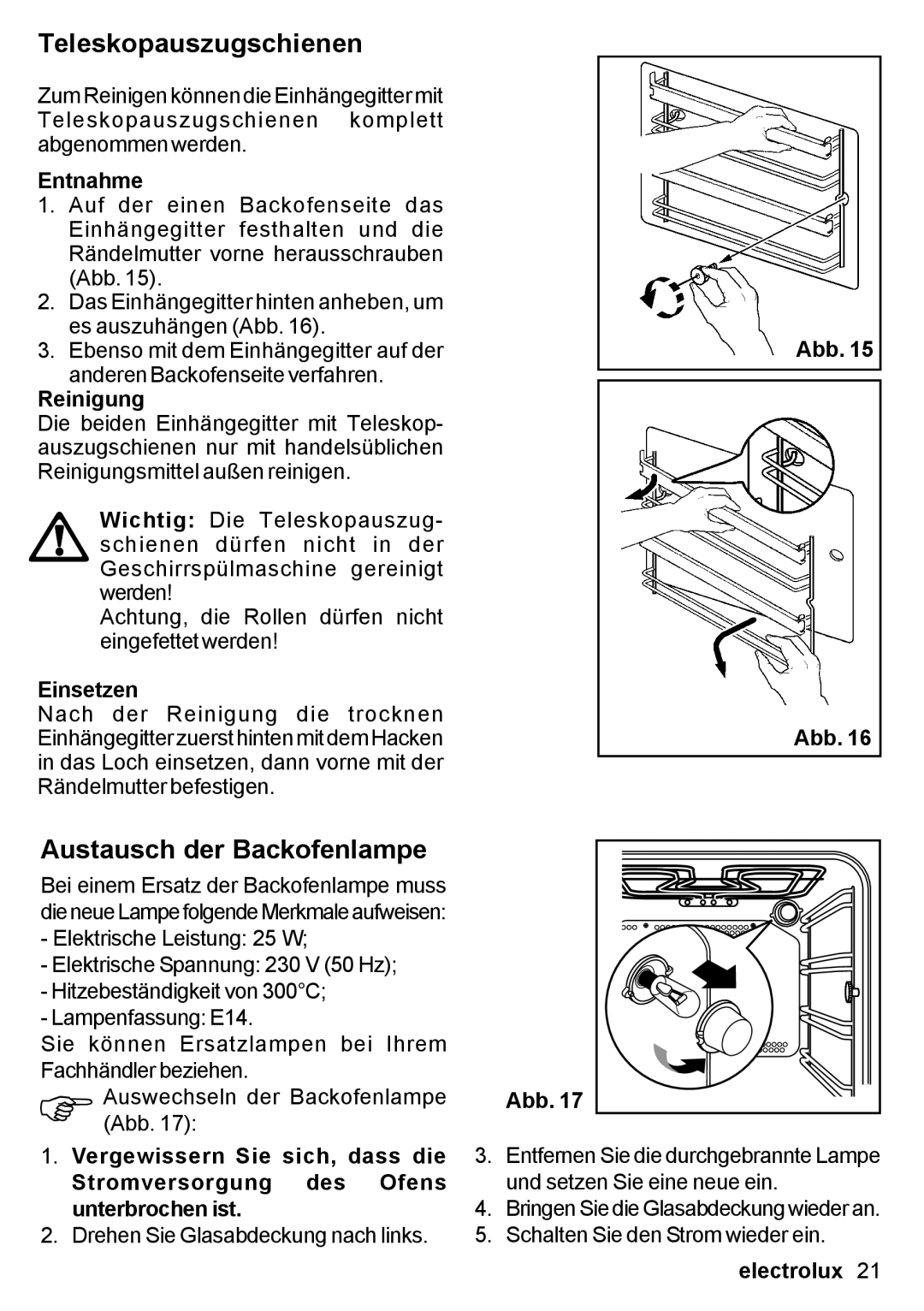 Electrolux EON 30620 user manual Teleskopauszugschienen, Austausch der Backofenlampe, Entnahme, Reinigung, Einsetzen 