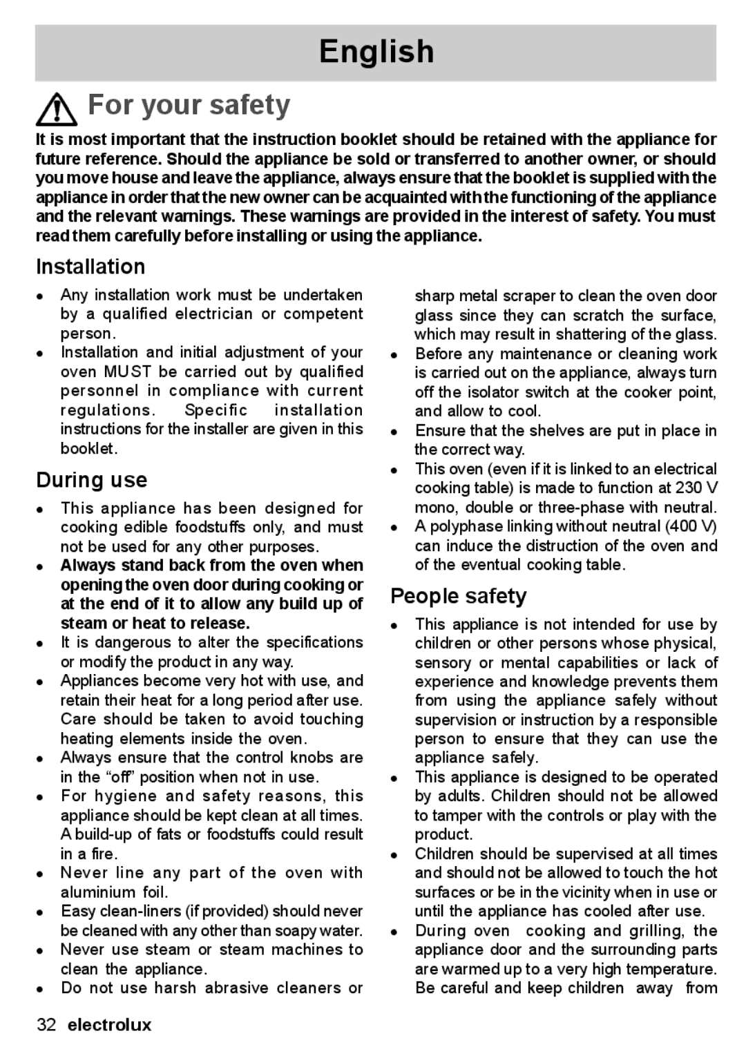 Electrolux EON 30620 user manual For your safety, During use, People safety 