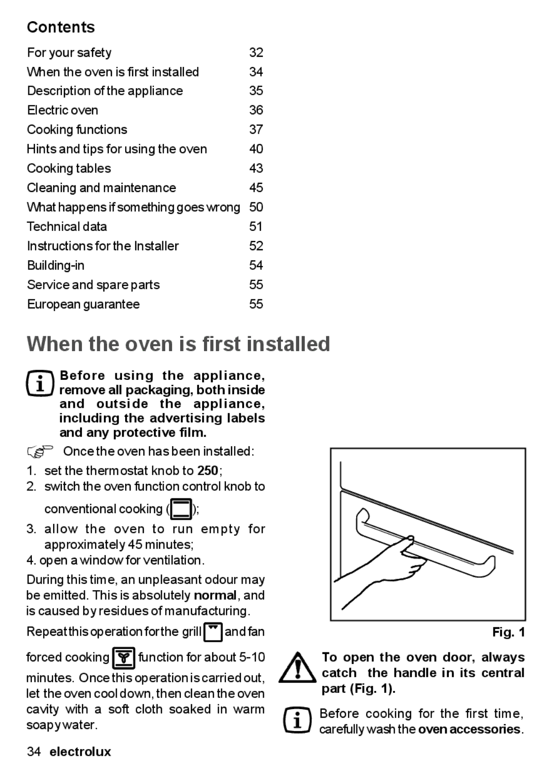 Electrolux EON 30620 user manual When the oven is first installed, Contents 