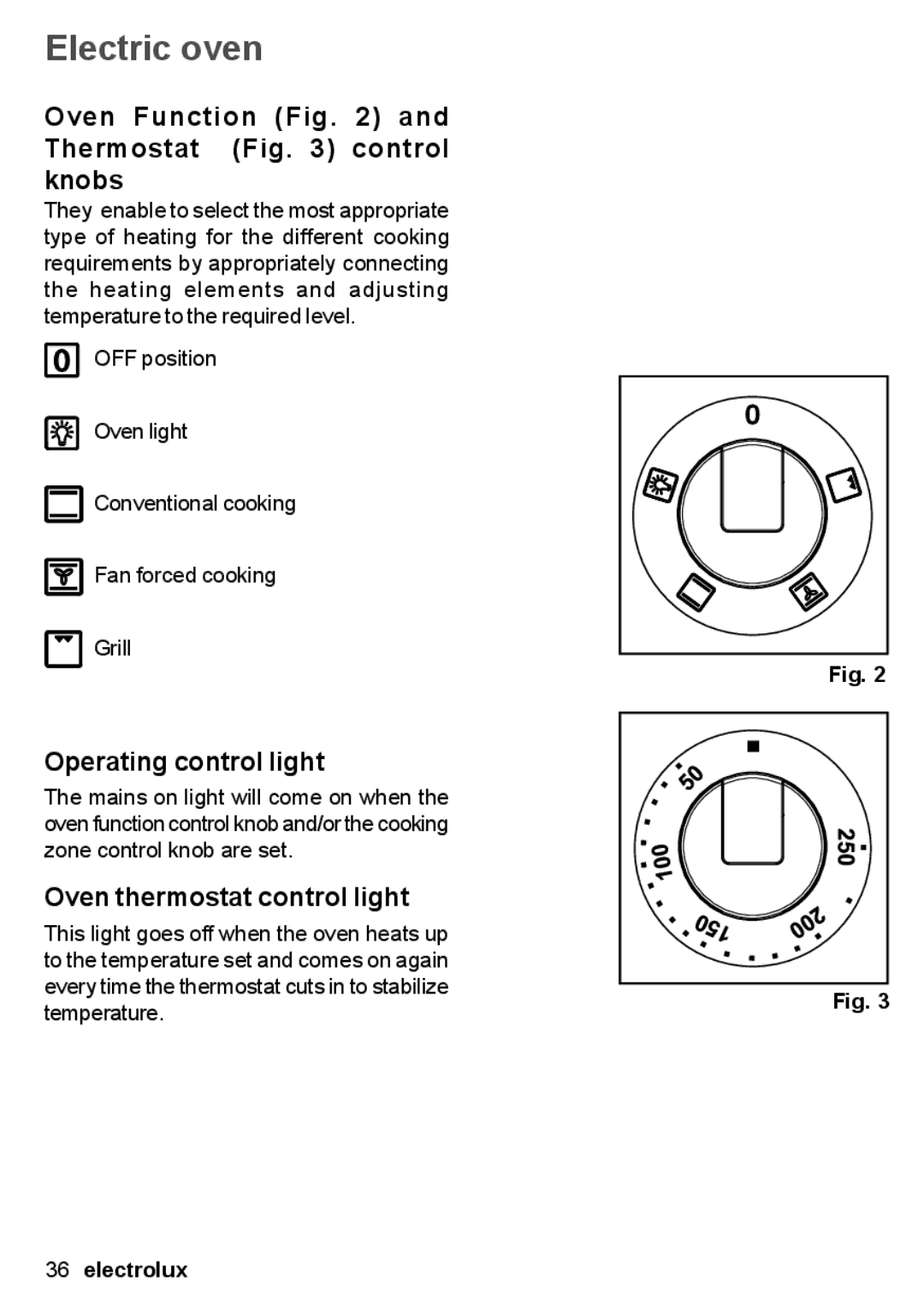 Electrolux EON 30620 user manual Electric oven, Oven Function and Thermostat control knobs, Operating control light 