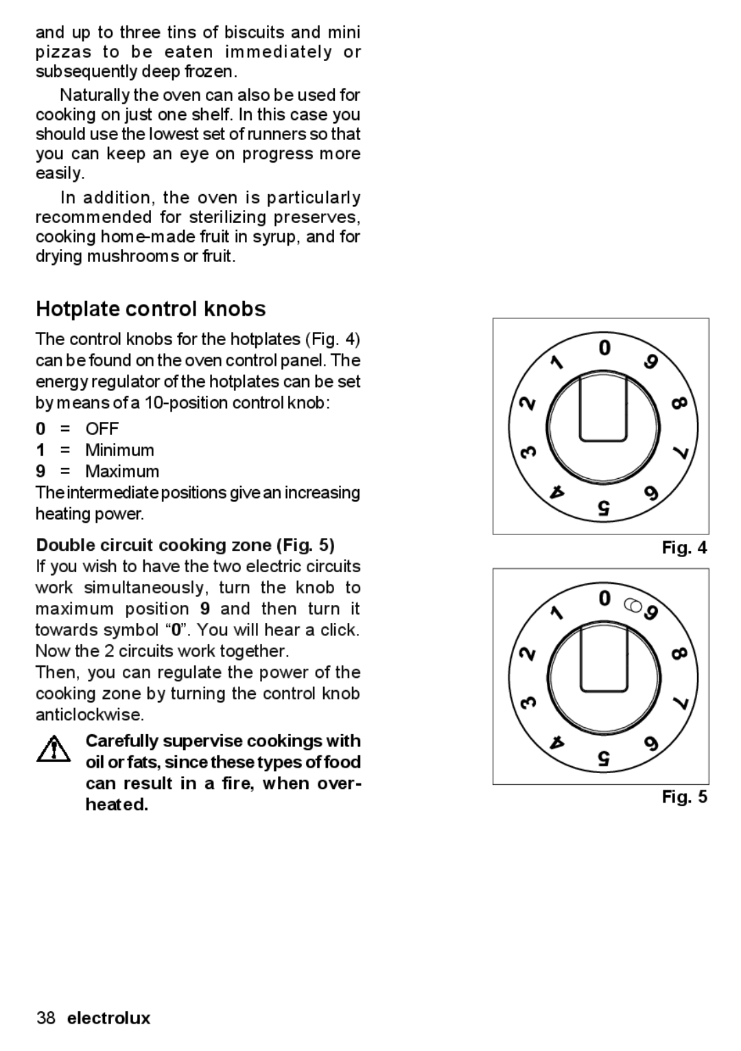 Electrolux EON 30620 user manual Hotplate control knobs, Double circuit cooking zone Fig 