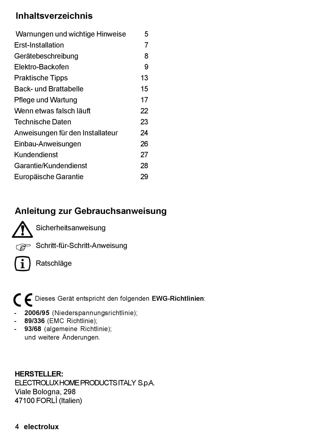 Electrolux EON 30620 user manual Inhaltsverzeichnis, Anleitung zur Gebrauchsanweisung 