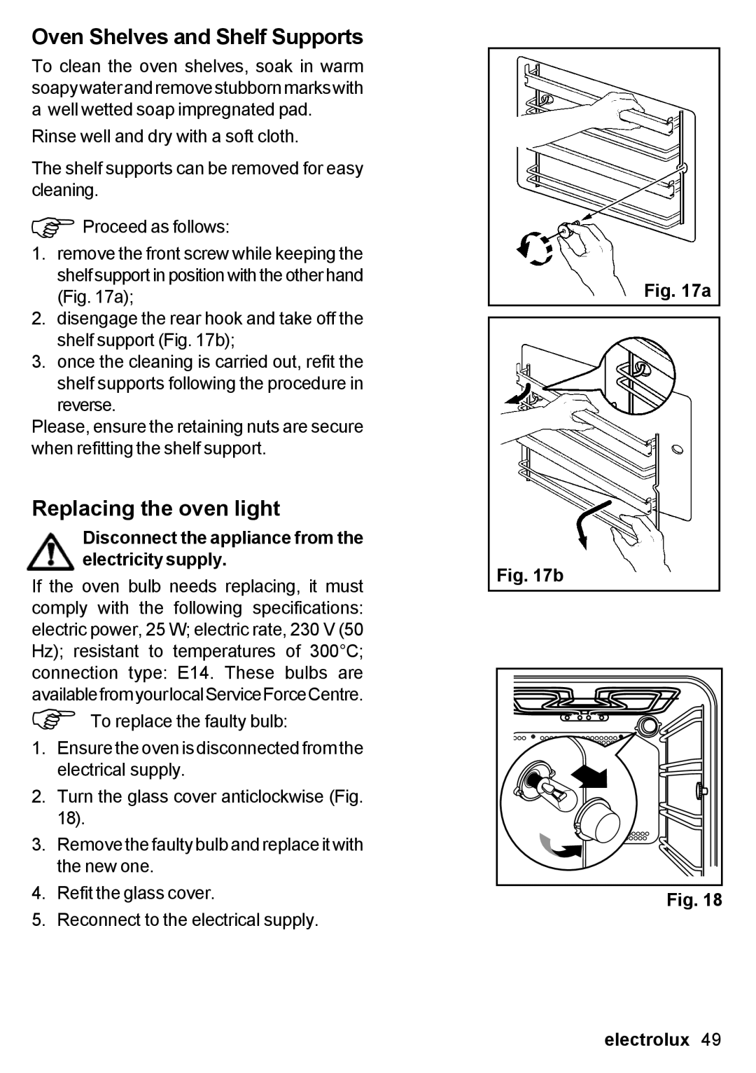 Electrolux EON 30620 user manual Oven Shelves and Shelf Supports, Replacing the oven light 