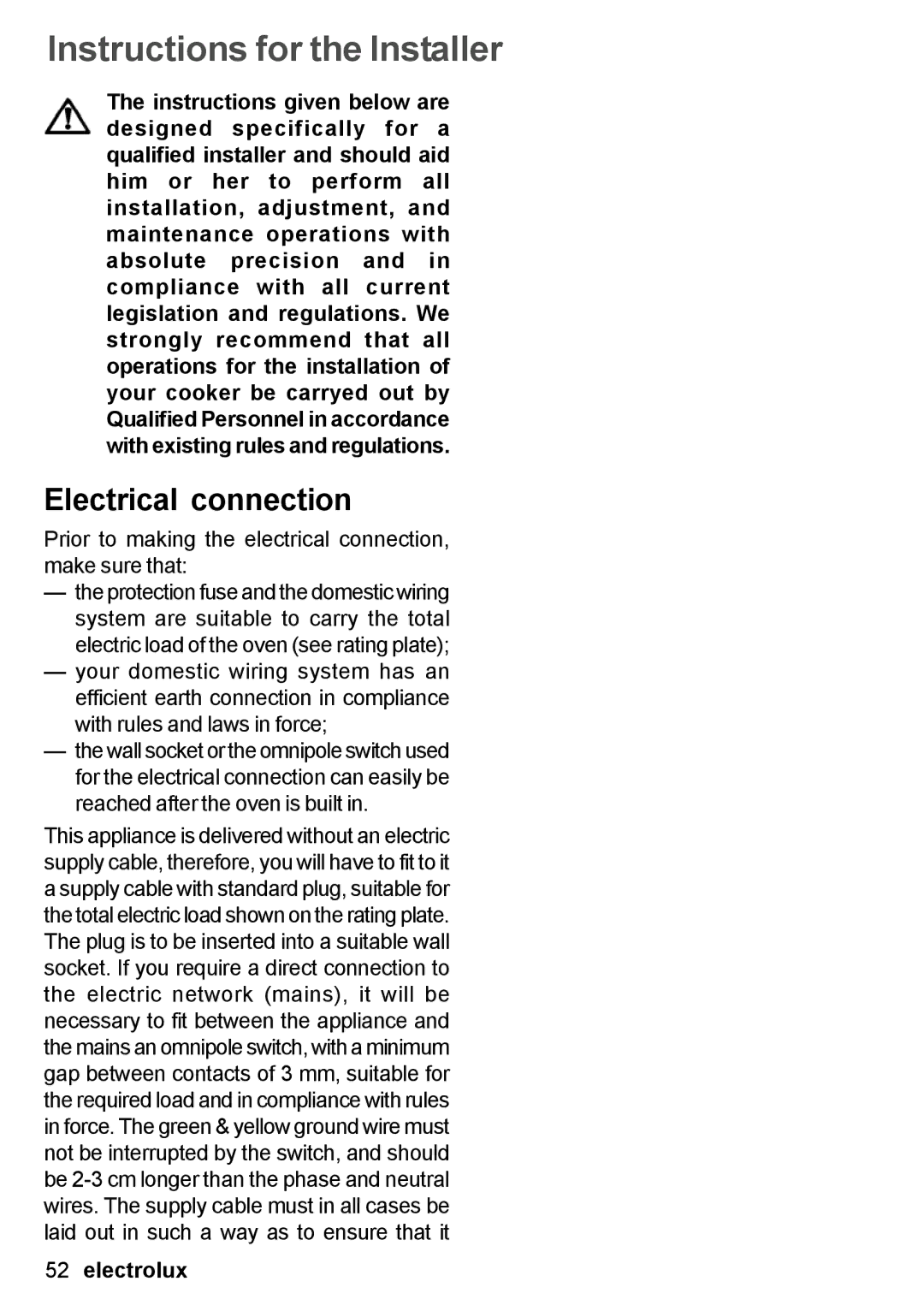 Electrolux EON 30620 user manual Instructions for the Installer, Electrical connection 