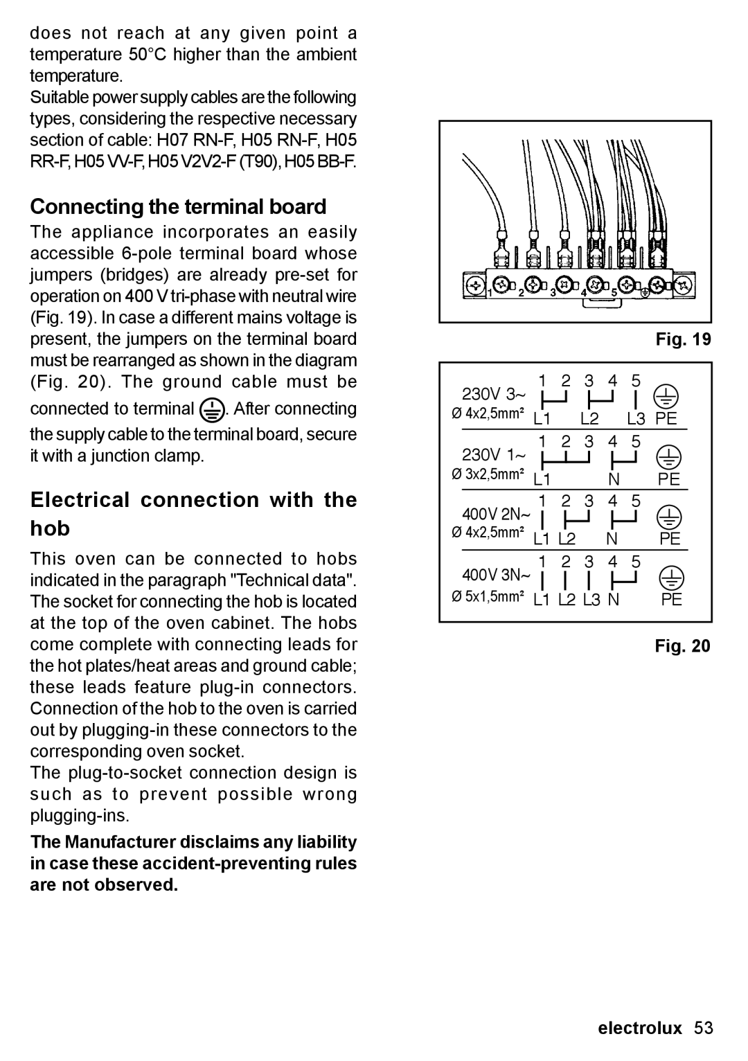 Electrolux EON 30620 user manual Connecting the terminal board, Electrical connection with the hob 