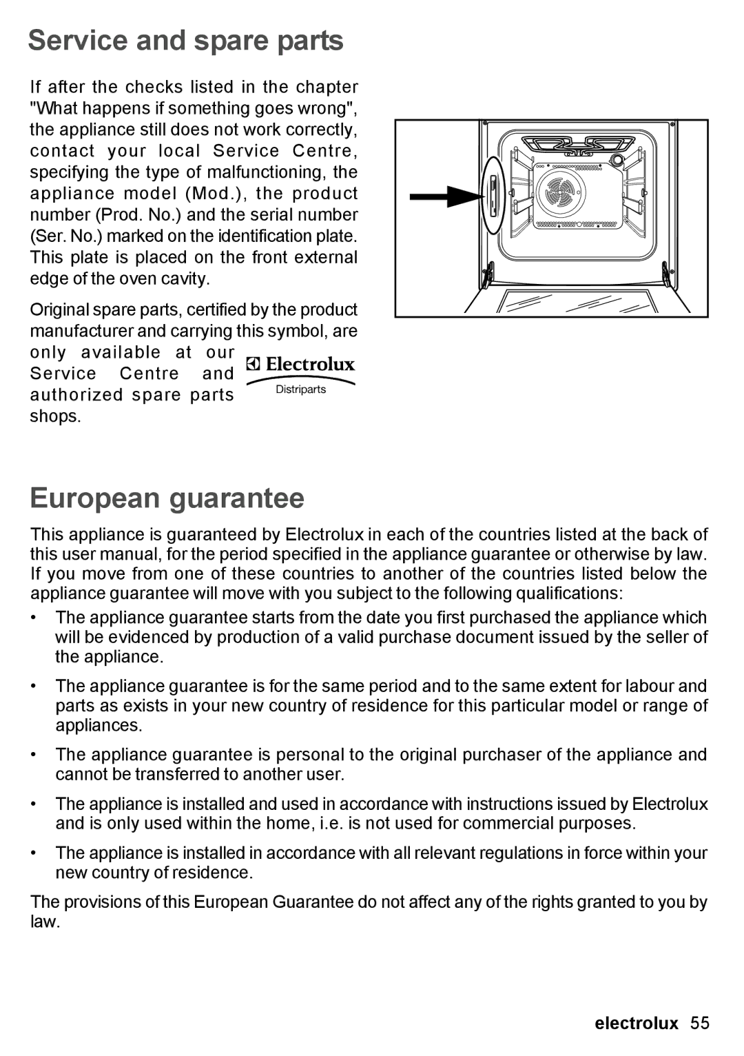 Electrolux EON 30620 user manual Service and spare parts, European guarantee 