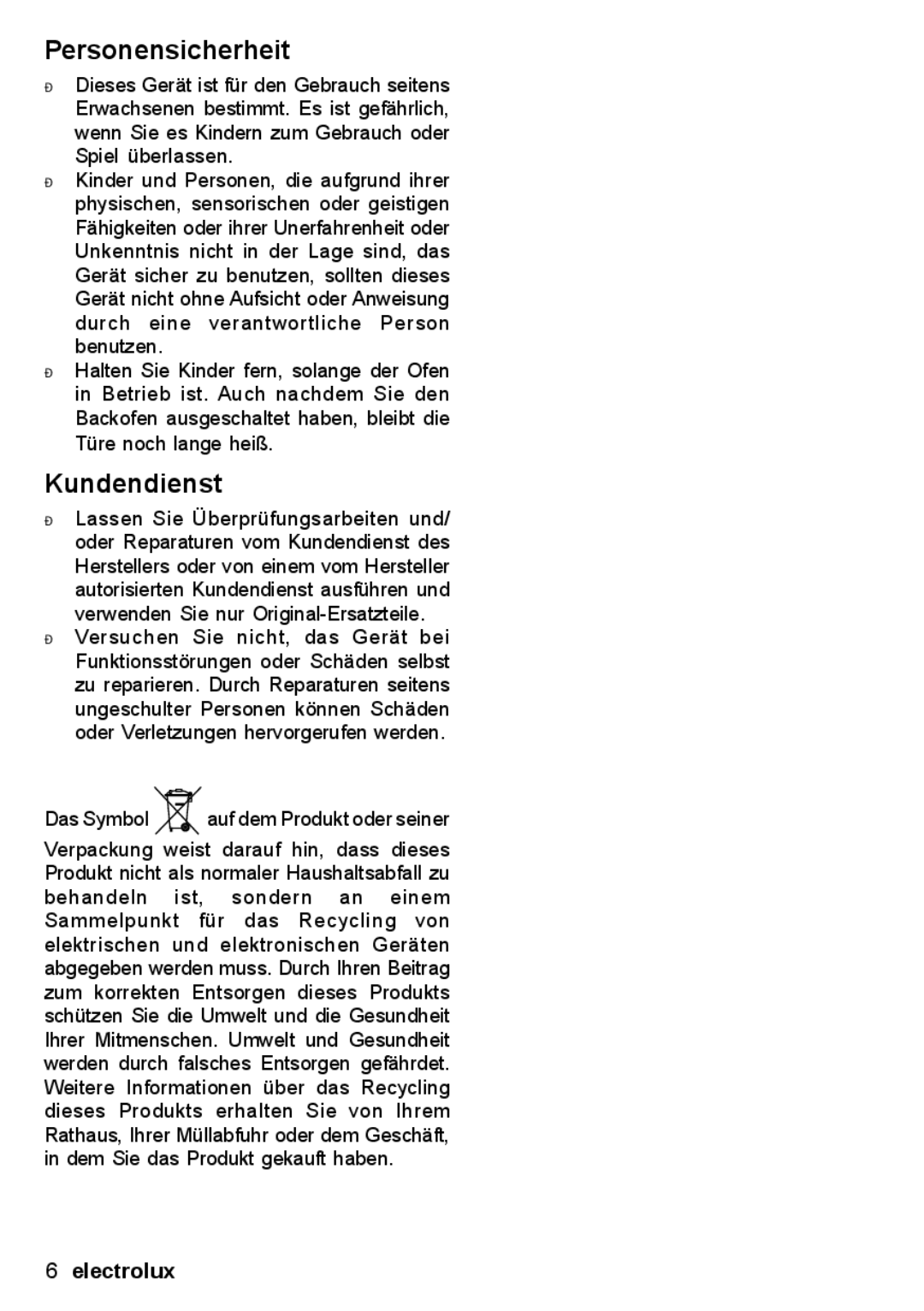 Electrolux EON 30620 user manual Personensicherheit, Kundendienst 