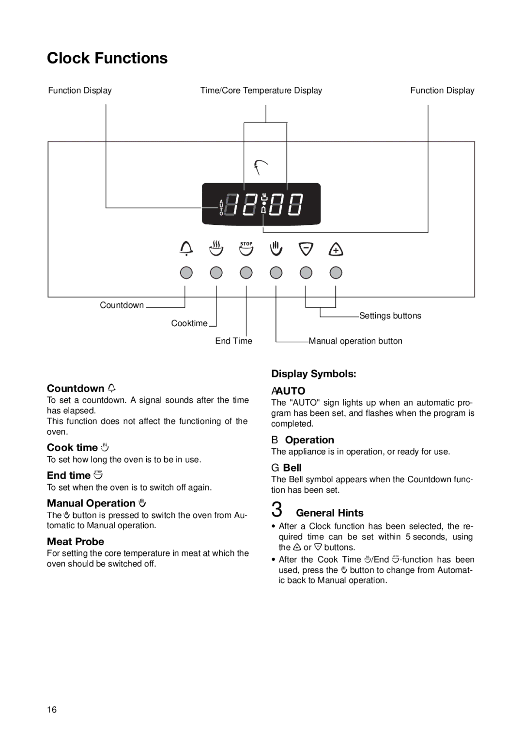 Electrolux EON 6640 manual Clock Functions 