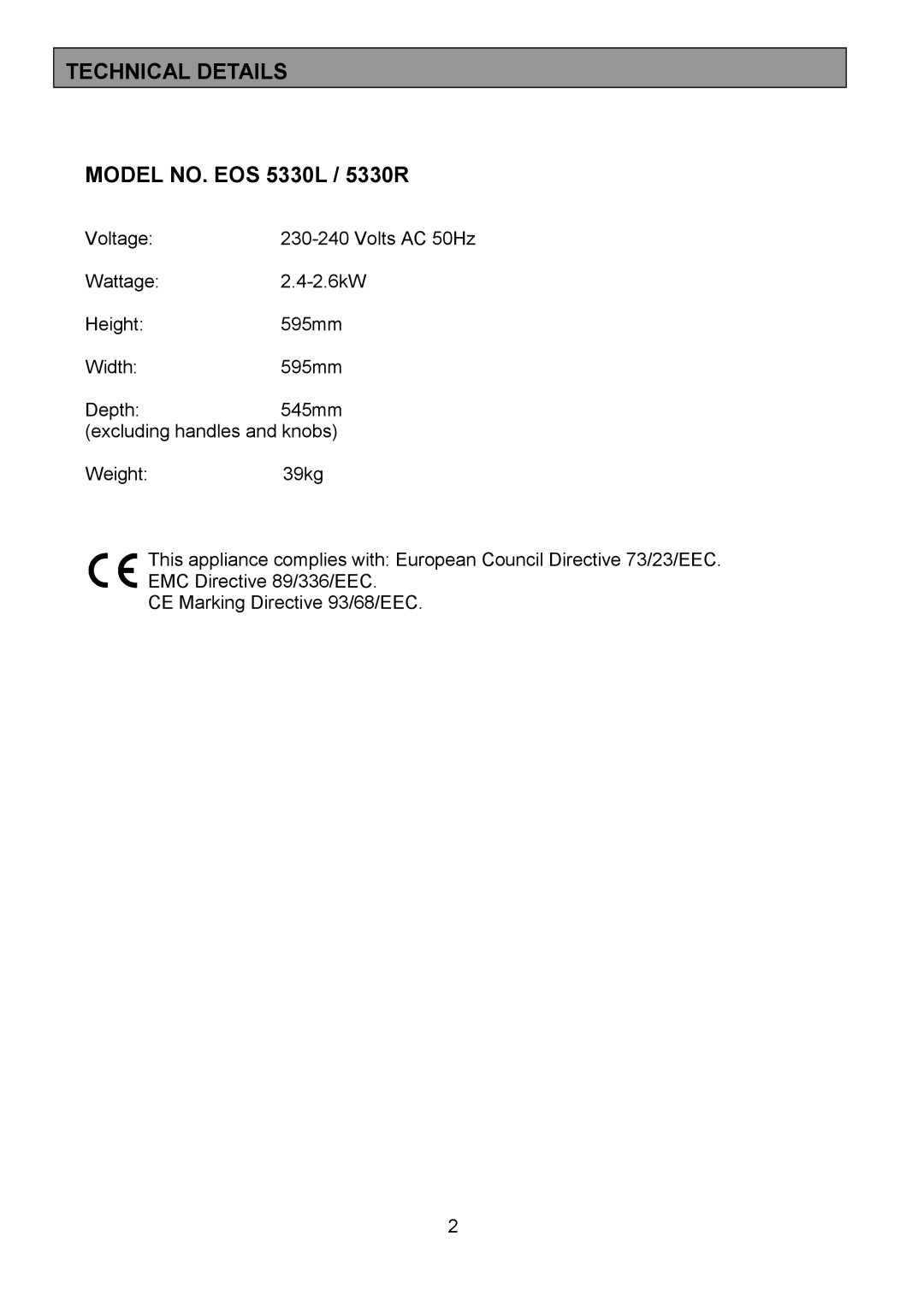 Electrolux manual Technical Details, Model NO. EOS 5330L / 5330R 