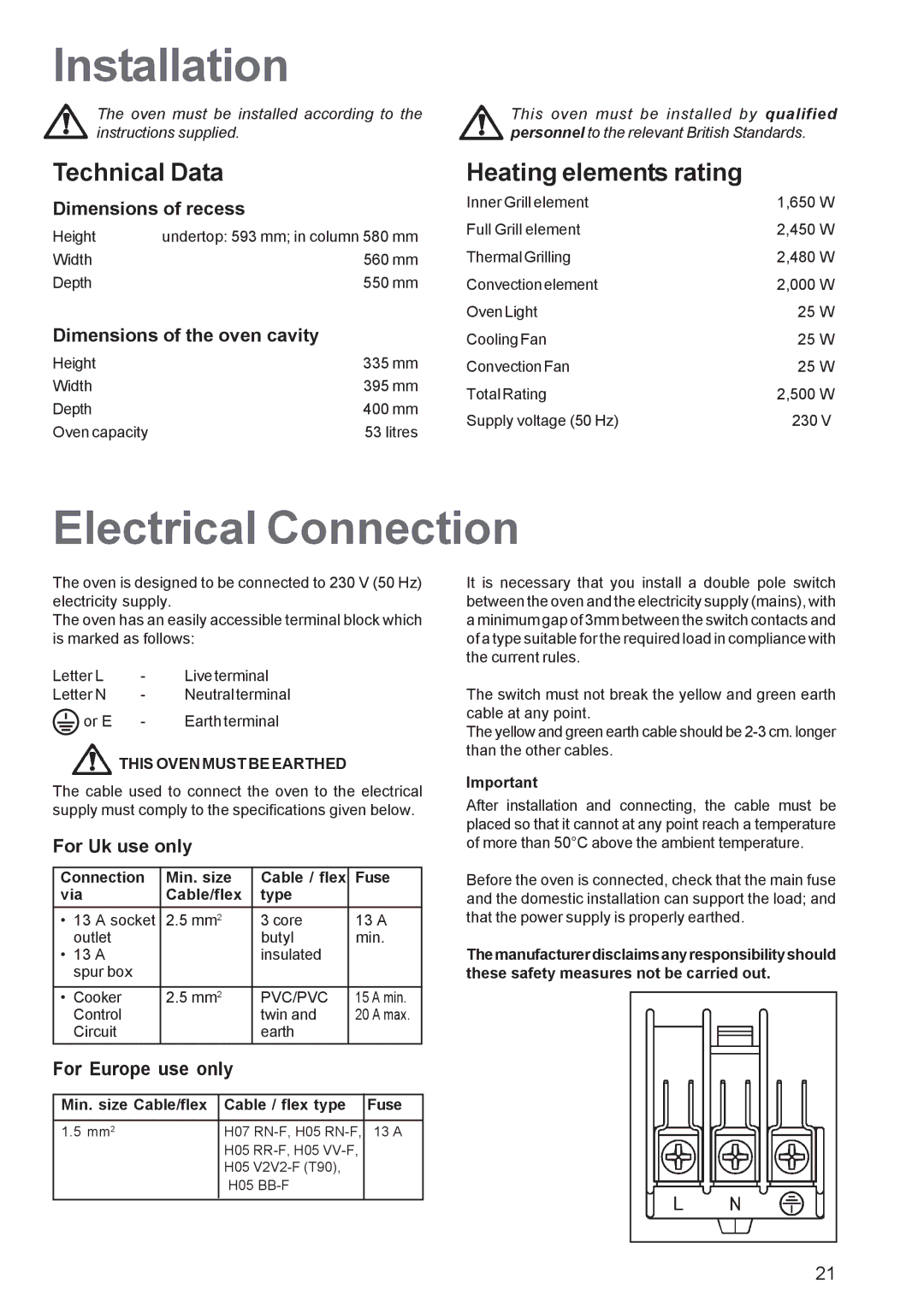 Electrolux EOS 6700 manual Installation, Electrical Connection, Technical Data, This Oven Must be Earthed 