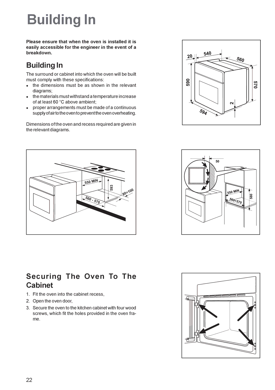 Electrolux EOS 6700 manual Building, Securing The Oven To The Cabinet, 570 