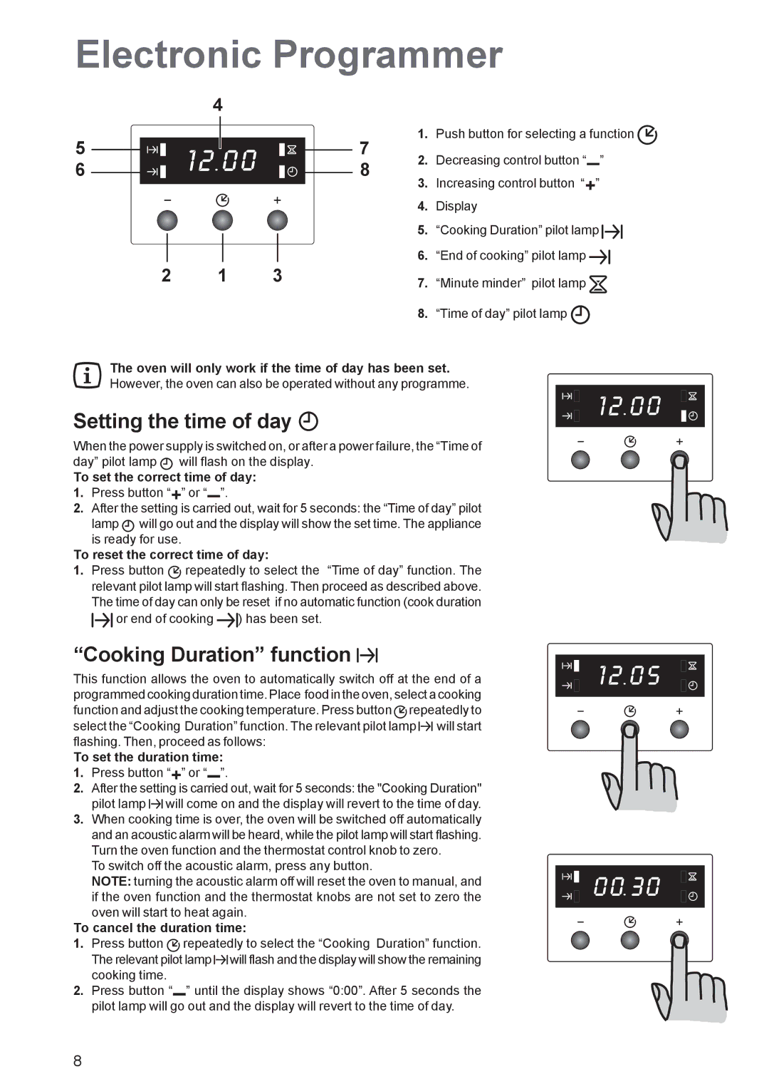 Electrolux EOS 6700 manual Electronic Programmer, Setting the time of day, Cooking Duration function 