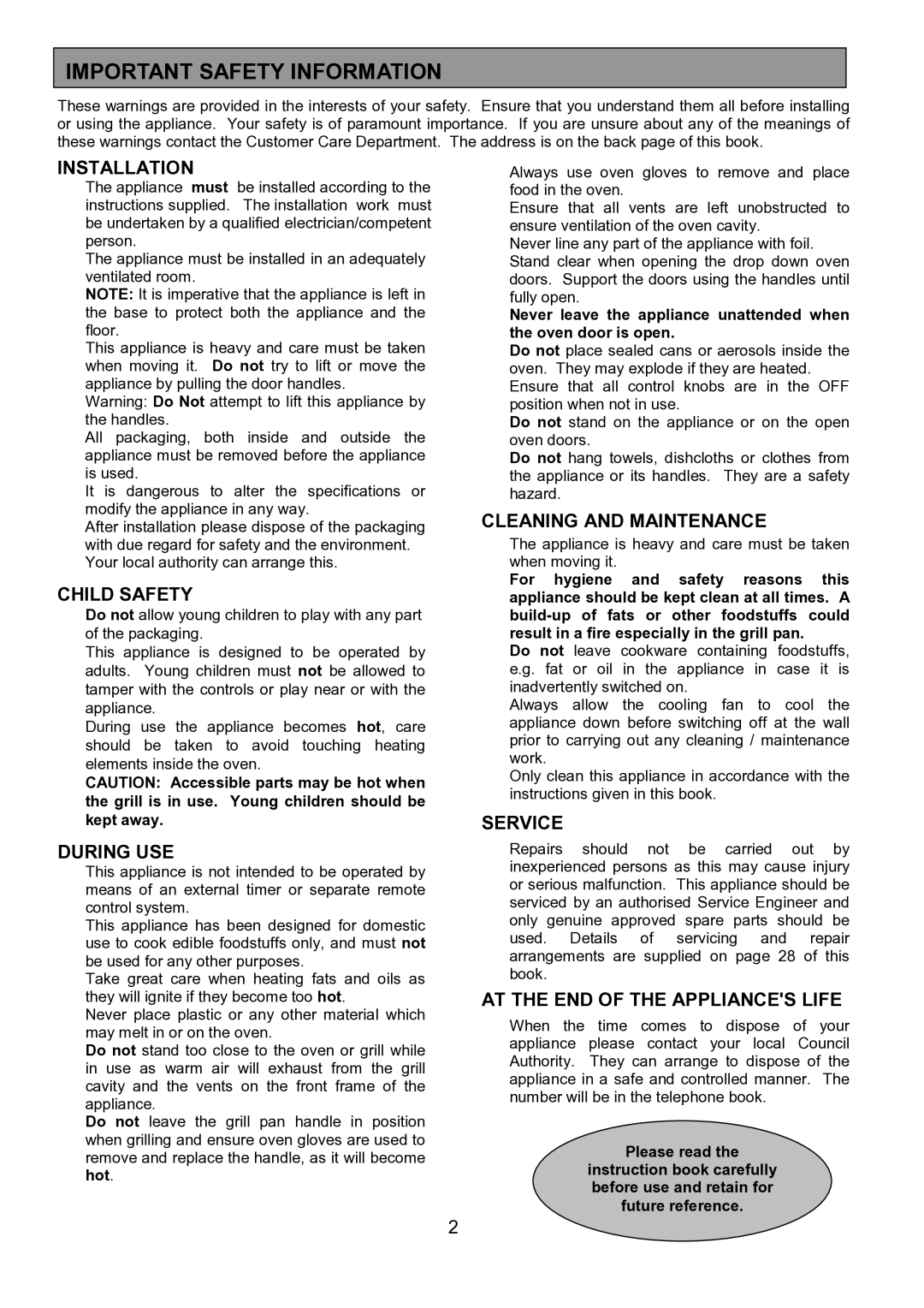 Electrolux EOU 5330 manual Important Safety Information 