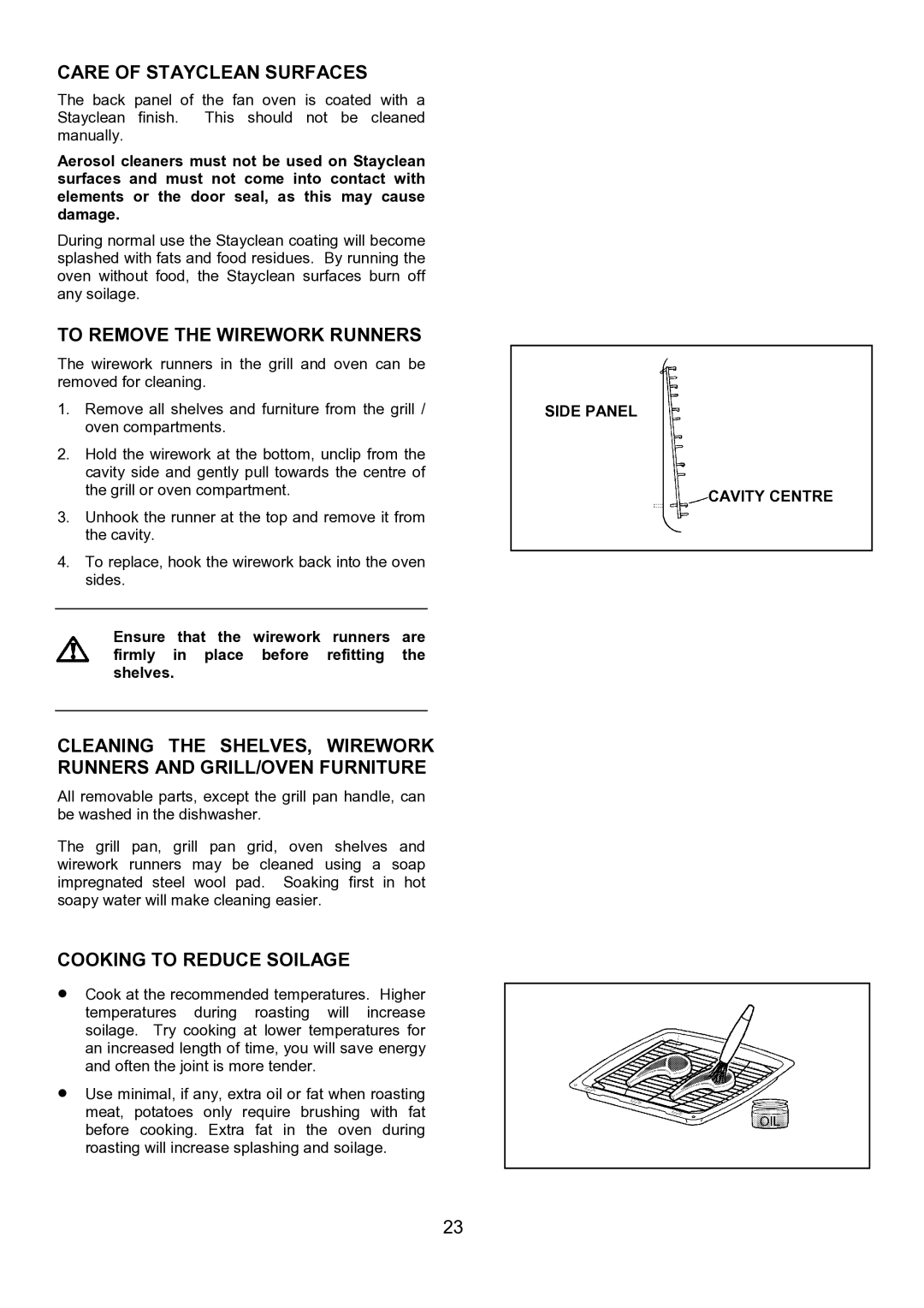 Electrolux EOU 5330 manual Care of Stayclean Surfaces, To Remove the Wirework Runners, Cooking to Reduce Soilage 