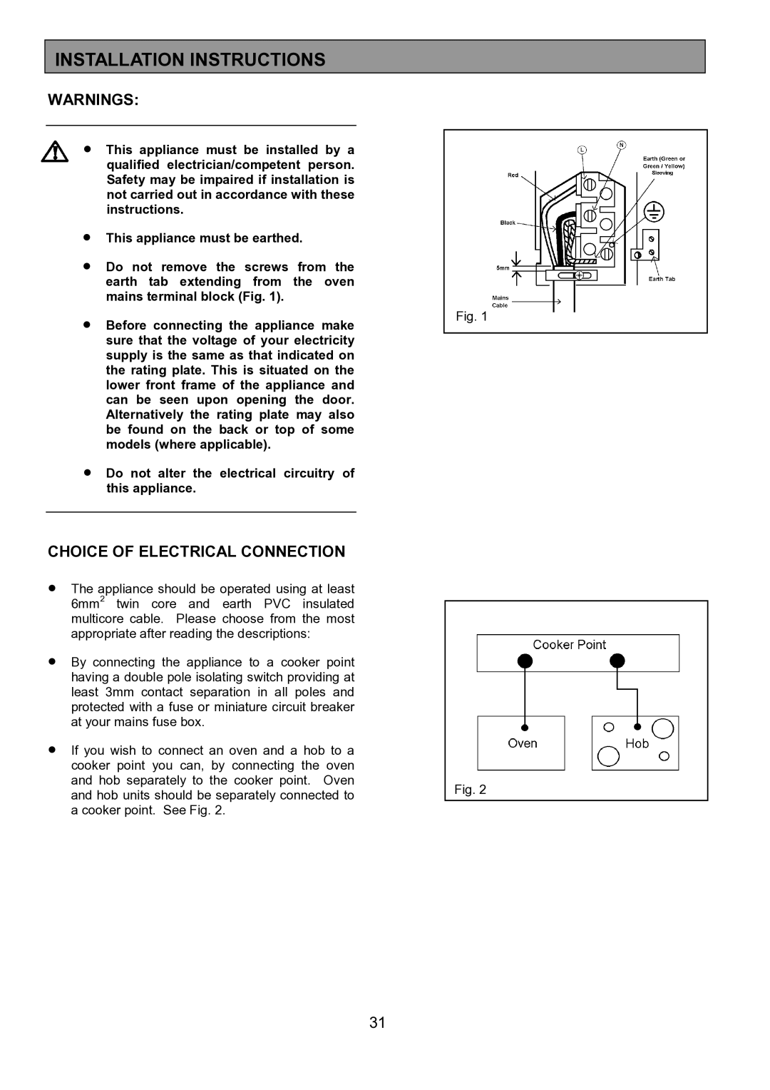 Electrolux EOU 5330 manual Installation Instructions, Choice of Electrical Connection 