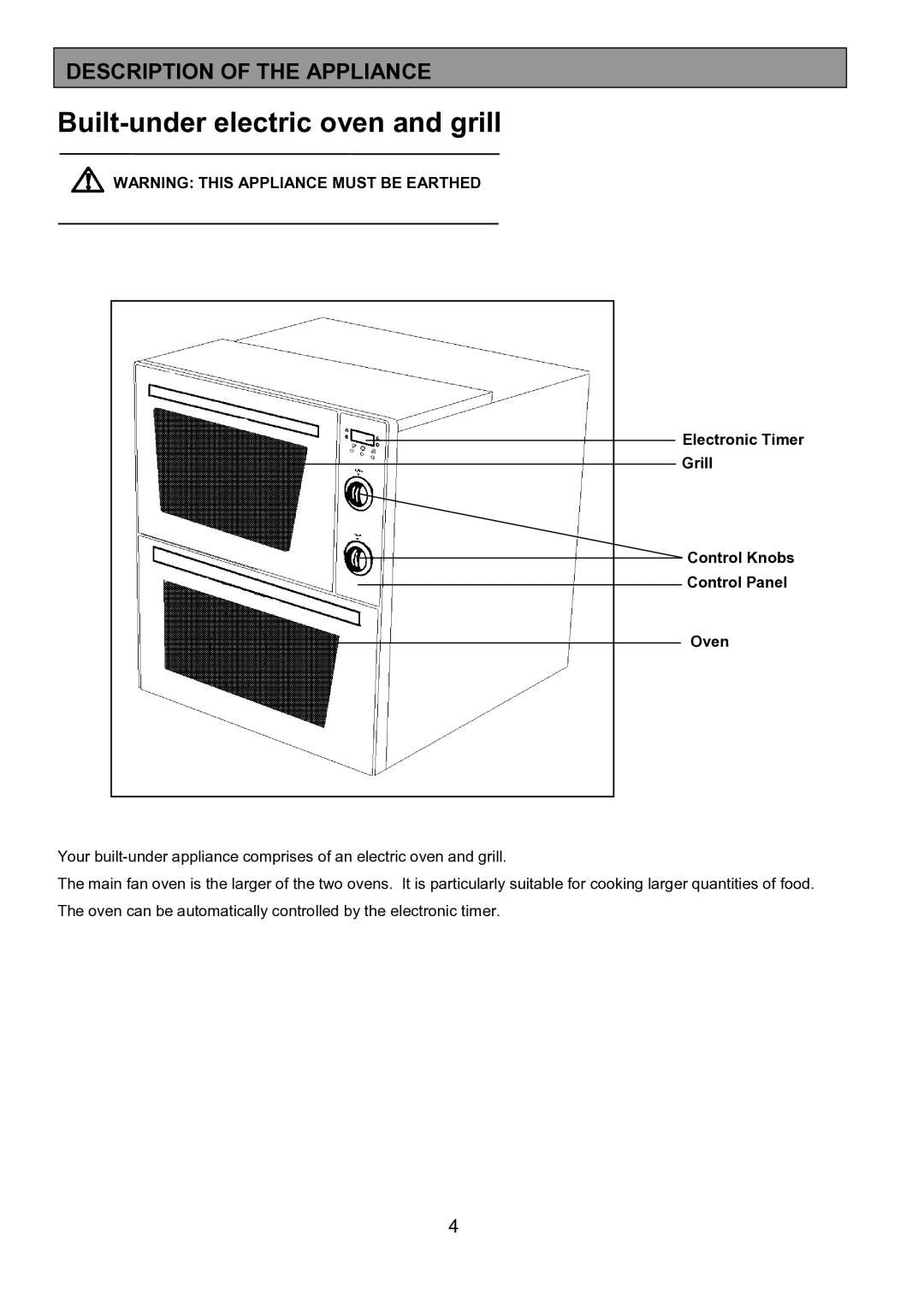 Electrolux EOU 5330 manual Built-under electric oven and grill, Description of the Appliance 