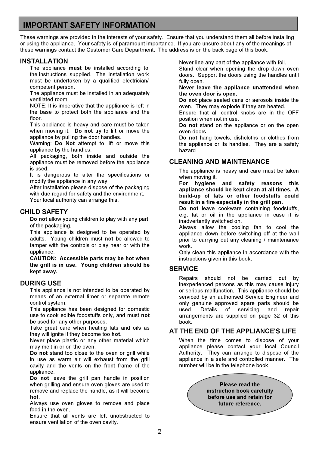 Electrolux EOU 6330 manual Important Safety Information 