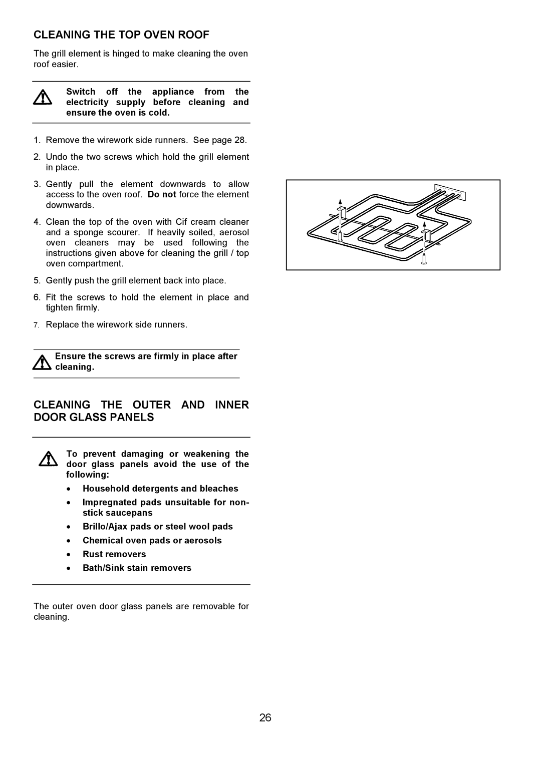 Electrolux EOU 6330 manual Cleaning the TOP Oven Roof, Cleaning the Outer and Inner Door Glass Panels 