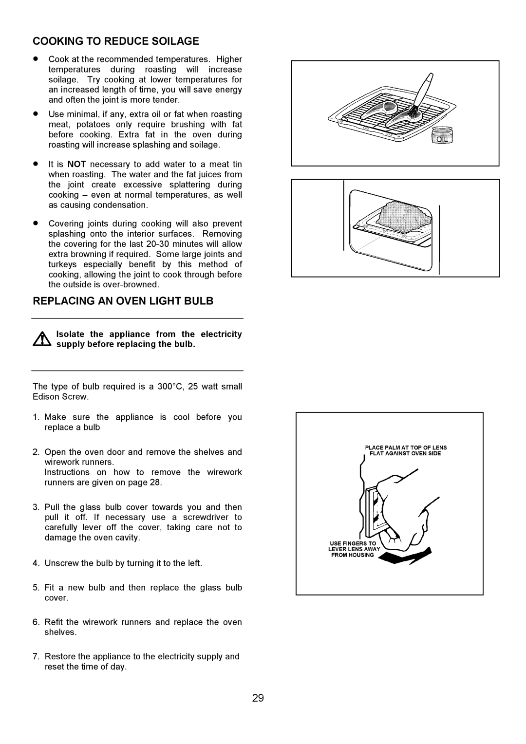 Electrolux EOU 6330 manual Cooking to Reduce Soilage, Replacing AN Oven Light Bulb 