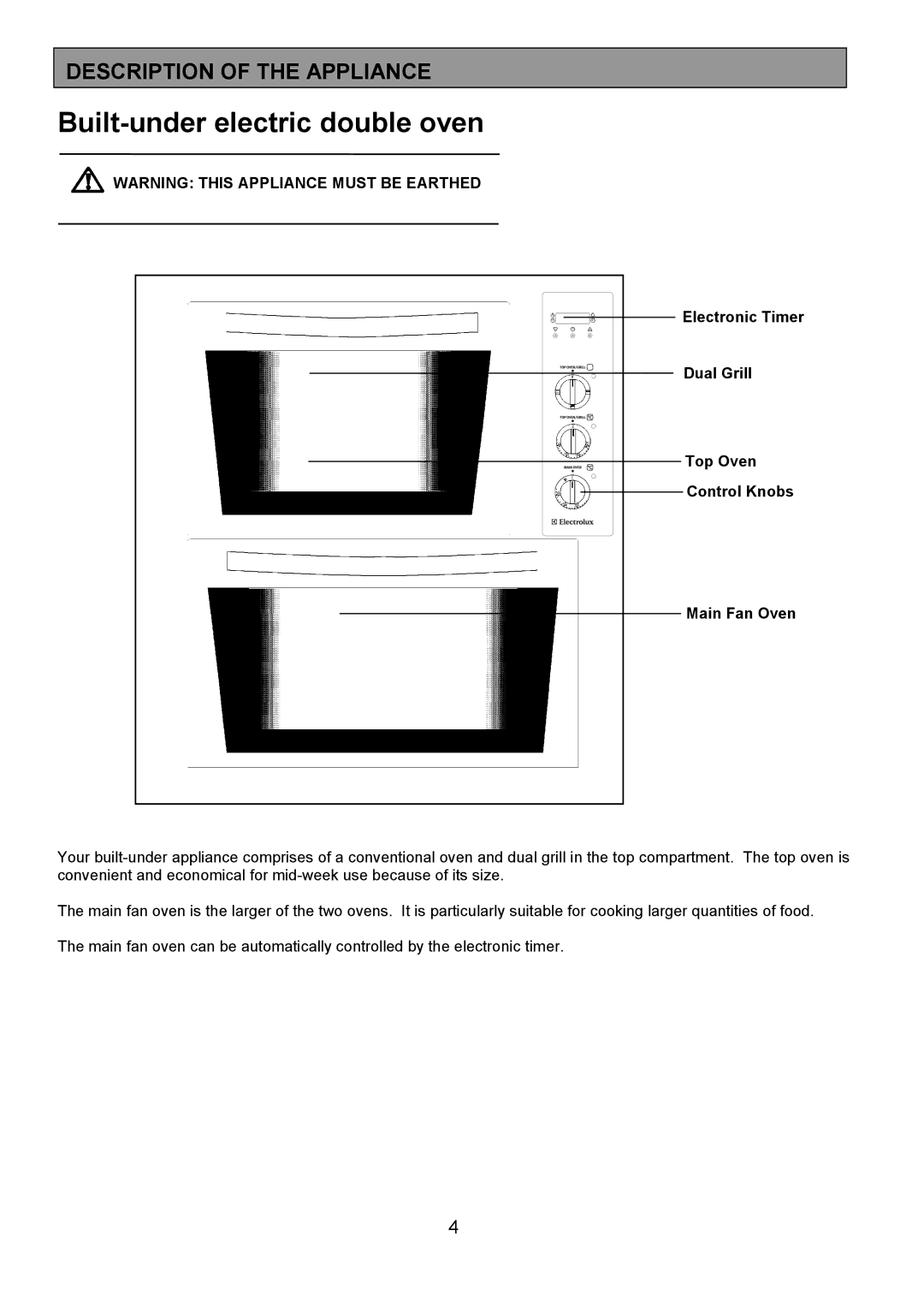 Electrolux EOU 6330 manual Built-under electric double oven, Description of the Appliance 