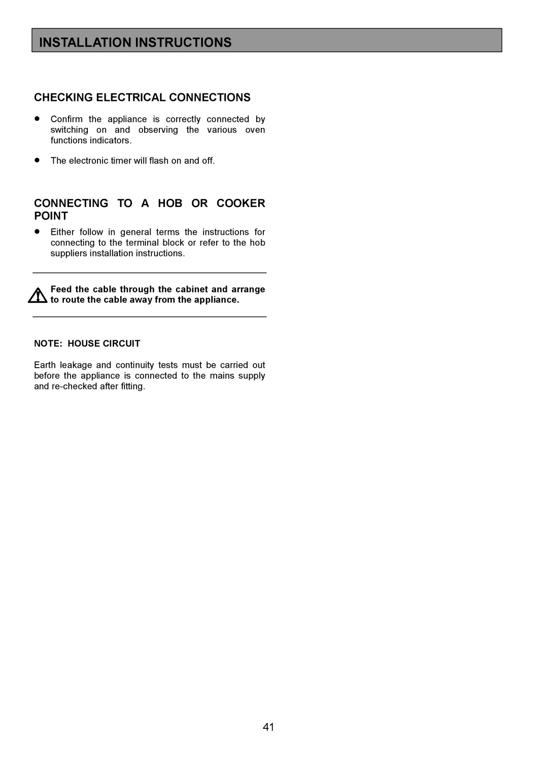 Electrolux EOU 6330 manual Checking Electrical Connections, Connecting to a HOB or Cooker Point 