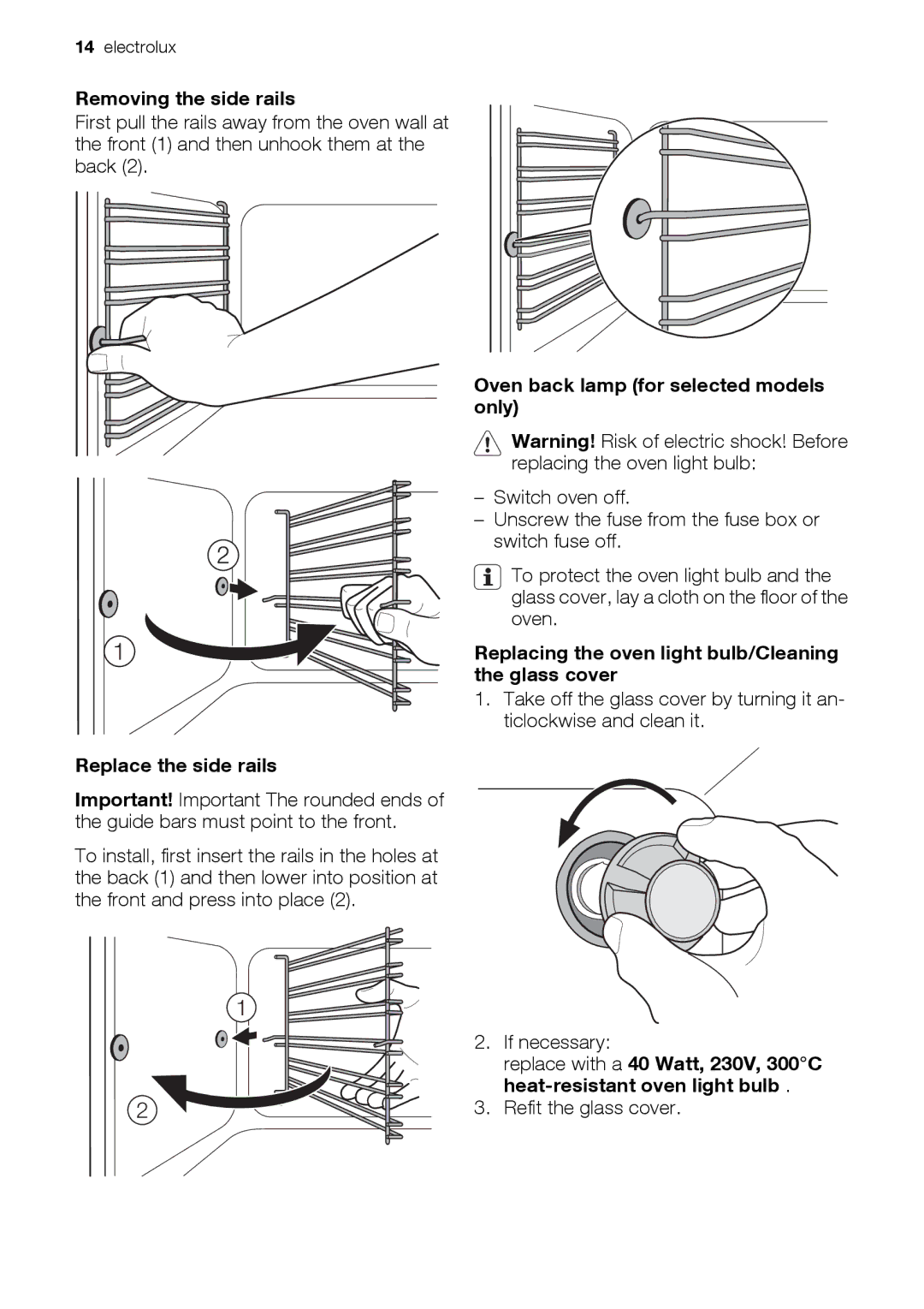 Electrolux EOU43003 user manual Removing the side rails, Replace the side rails, Oven back lamp for selected models only 