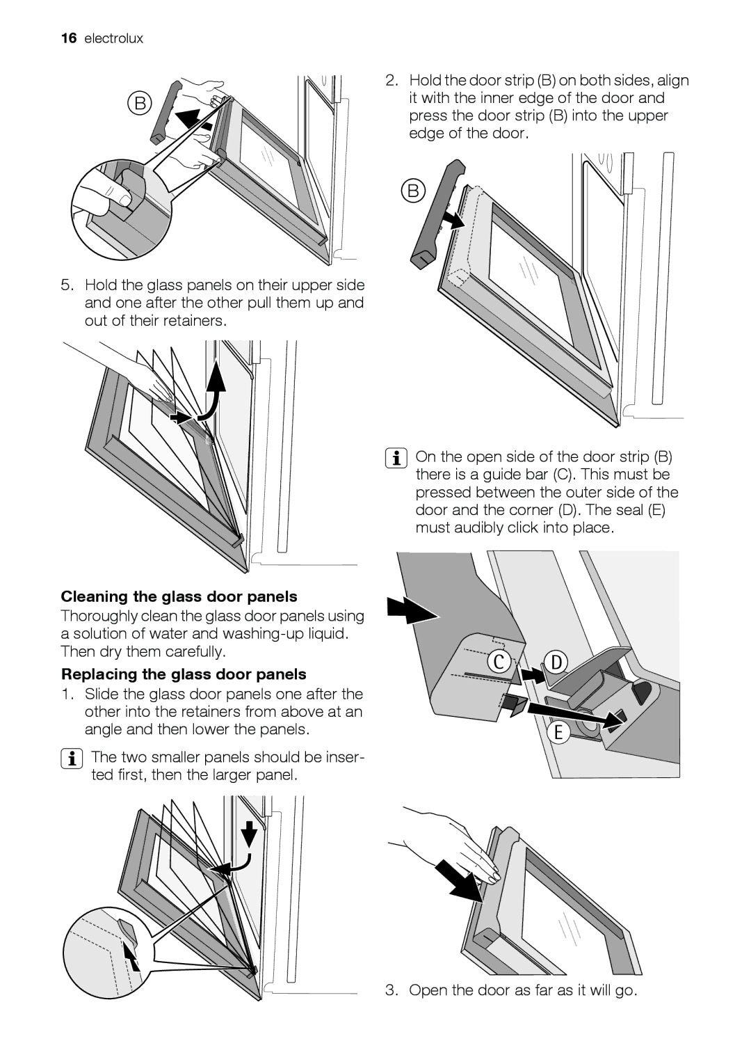 Electrolux EOU43003 user manual Cleaning the glass door panels, Replacing the glass door panels 