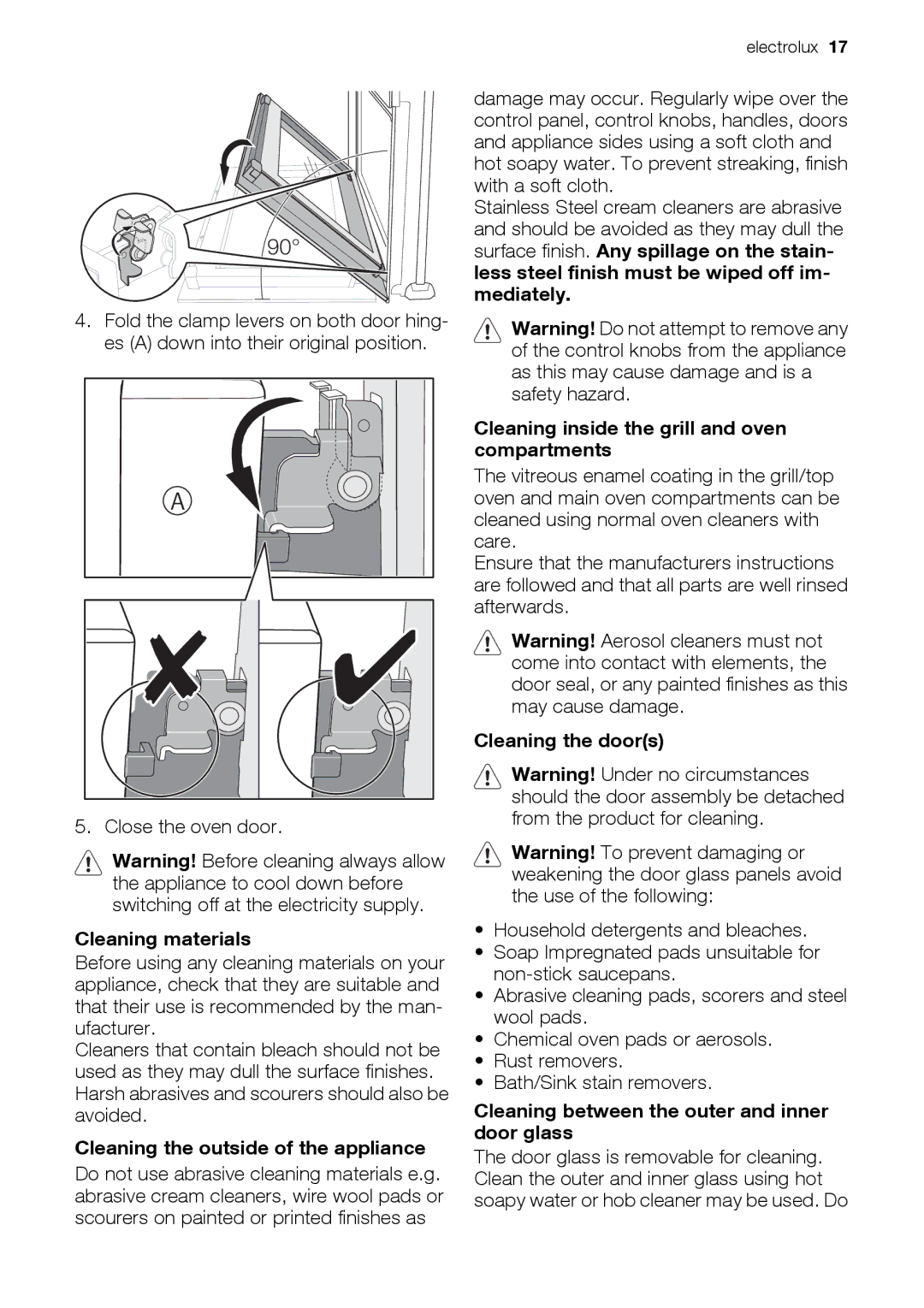 Electrolux EOU43003 user manual Cleaning materials, Cleaning the outside of the appliance, Cleaning the doors 