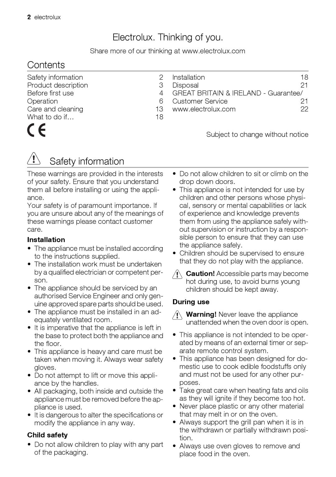 Electrolux EOU43003 user manual Electrolux. Thinking of you Contents, Safety information 