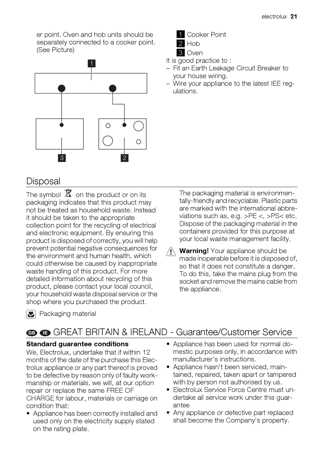 Electrolux EOU43003 user manual Disposal, GB IE Great Britain & Ireland Guarantee/Customer Service, Packaging material 