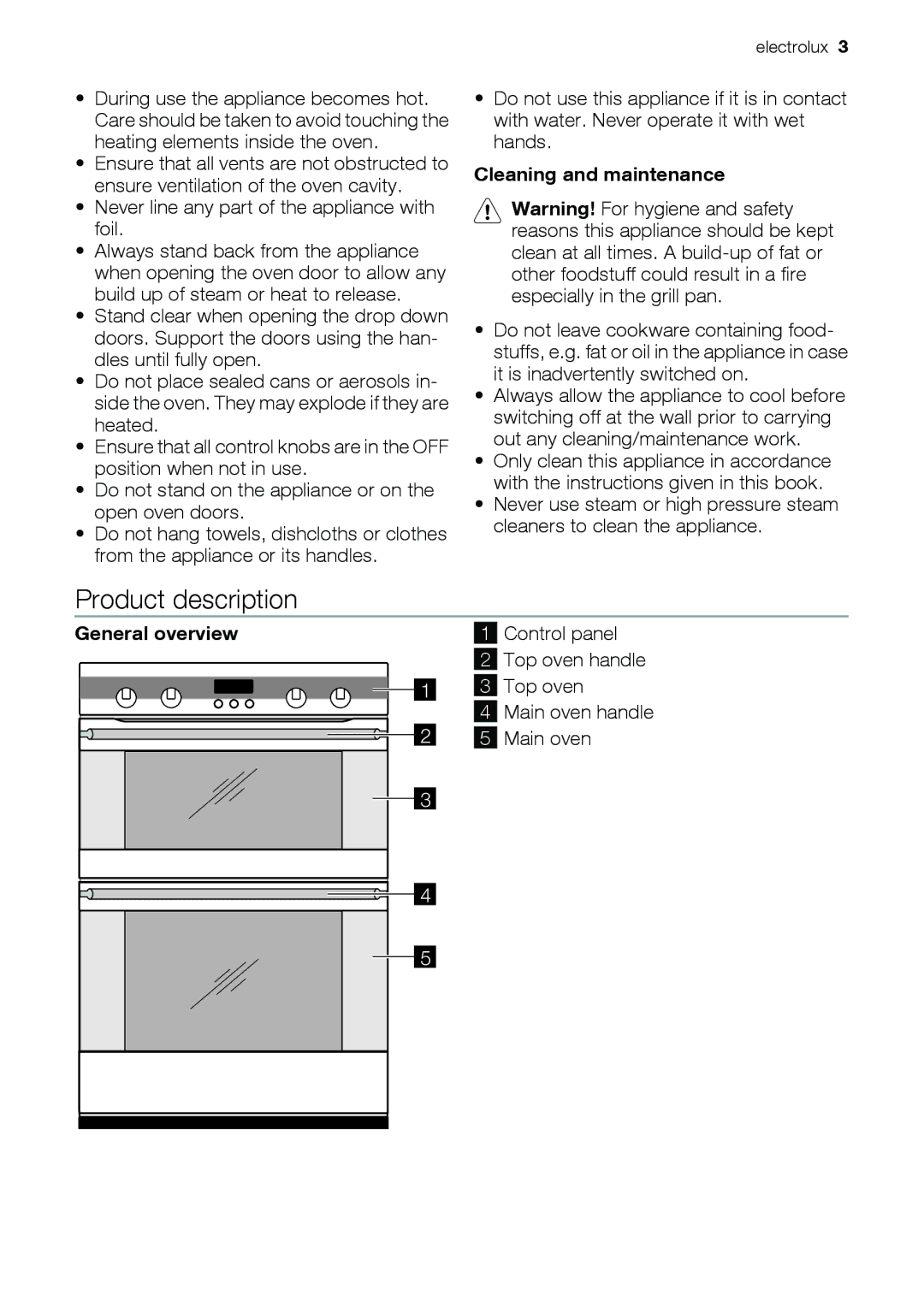 Electrolux EOU43003 user manual Product description, Cleaning and maintenance, Top oven Main oven handle 