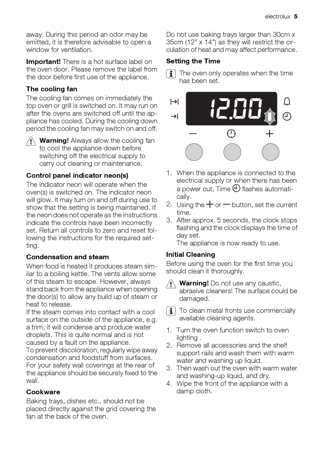 Electrolux EOU43003 Cooling fan, Control panel indicator neons, Condensation and steam, Cookware, Setting the Time 