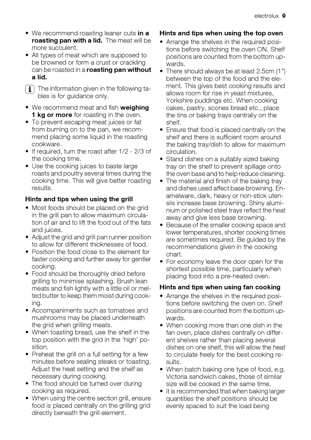 Electrolux EOU43003 user manual Hints and tips when using the grill, Hints and tips when using the top oven 