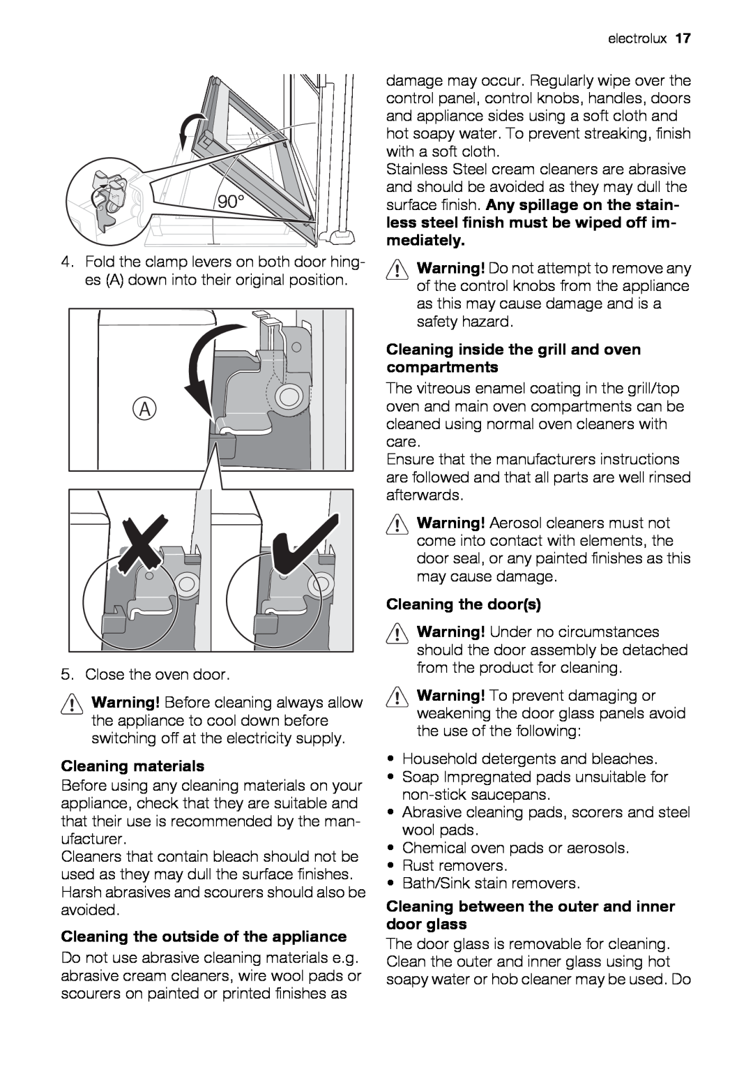 Electrolux EOU43003 user manual Cleaning materials, Cleaning the outside of the appliance, Cleaning the doors 