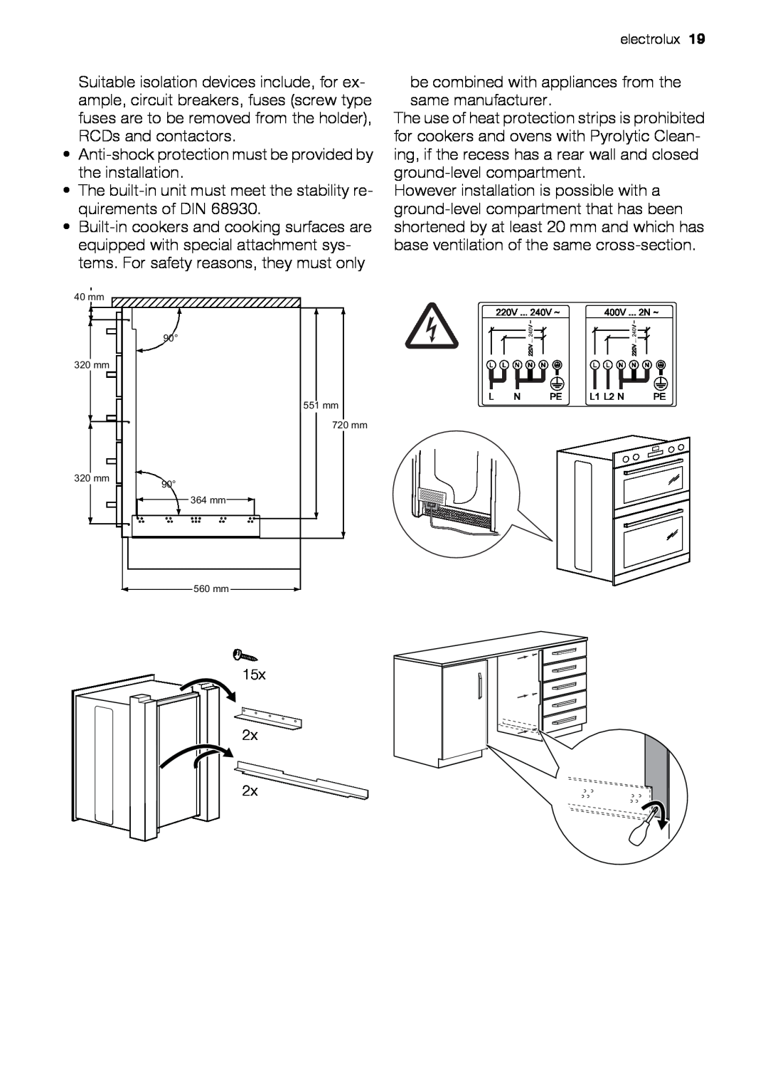 Electrolux EOU43003 user manual Anti-shock protection must be provided by the installation 