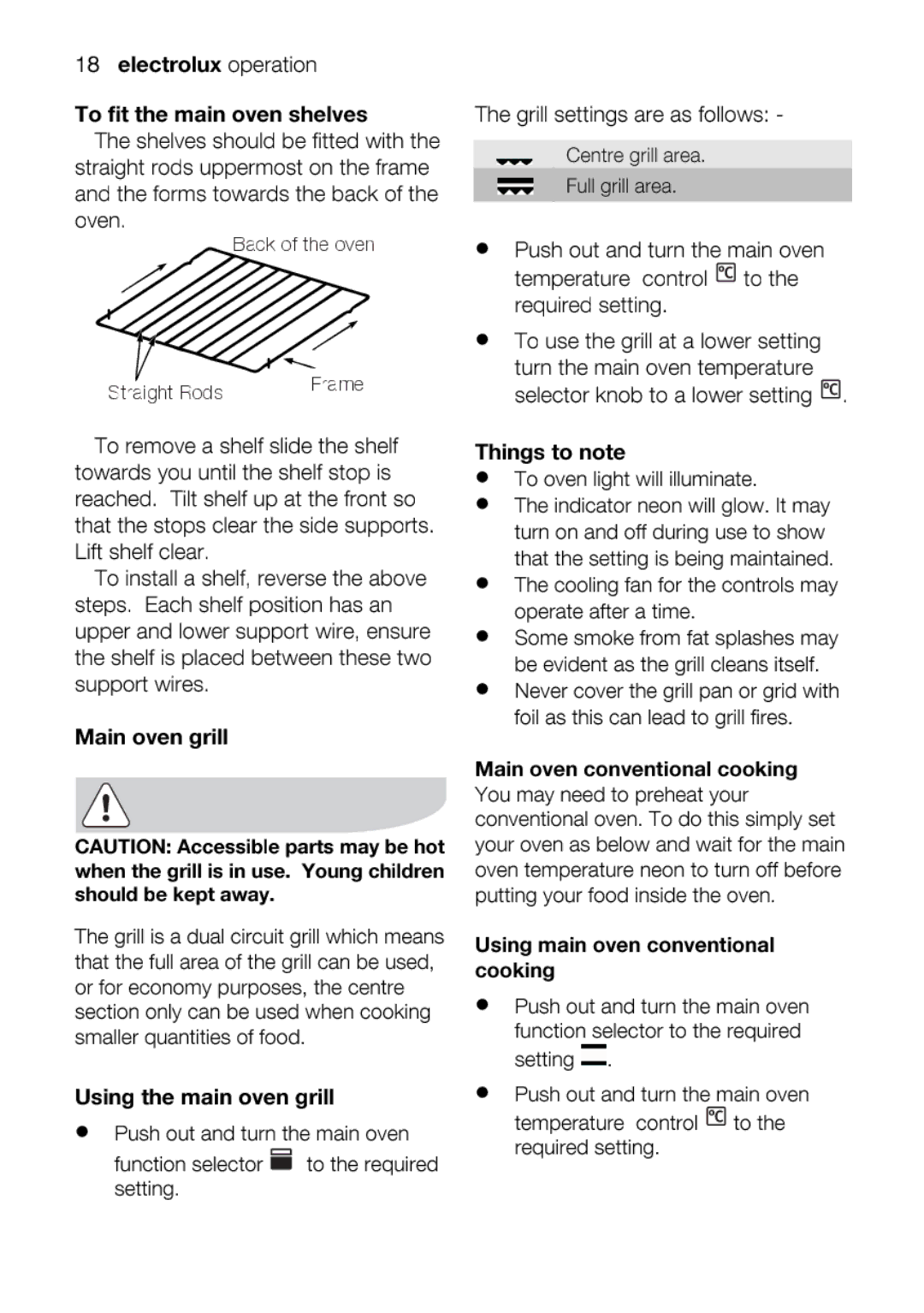 Electrolux EOU63102 user manual Ovenlightwill, GrillsettingsCentreFullgrillgrillareaas.reafollows 