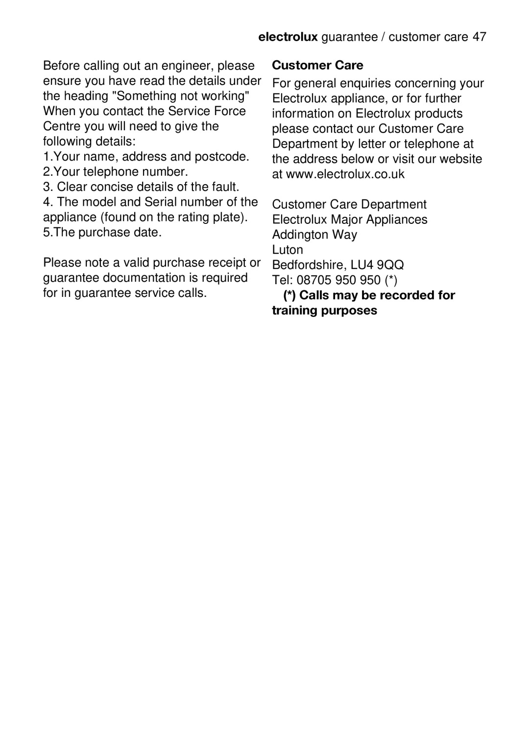 Electrolux EOU63102 user manual Please, CustomerCreDepartment, ElectroluxMjorAppliances, Partmnt, Valid 