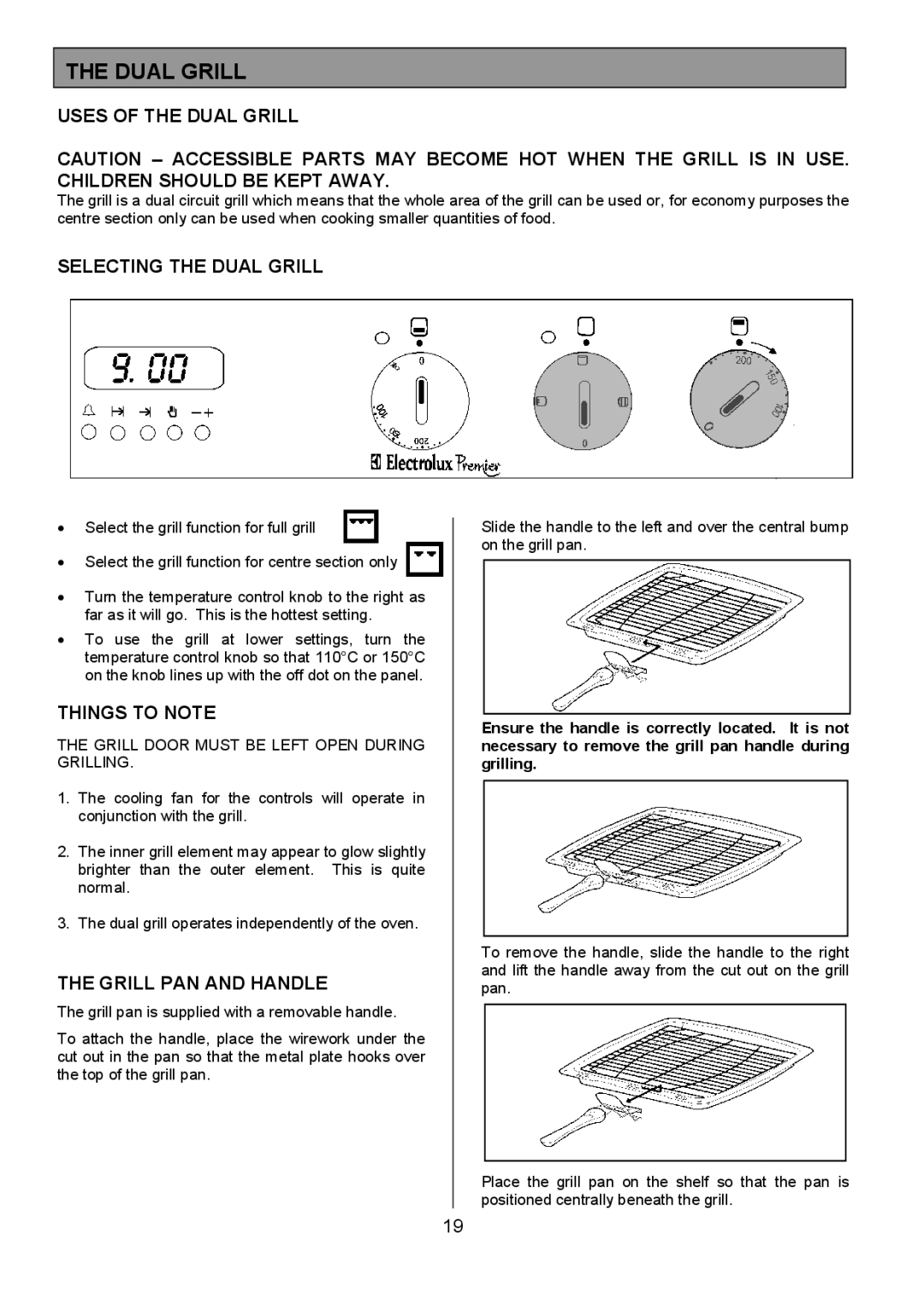 Electrolux EPDOMC manual Uses of the Dual Grill, Selecting the Dual Grill, Things to Note, Grill PAN and Handle 