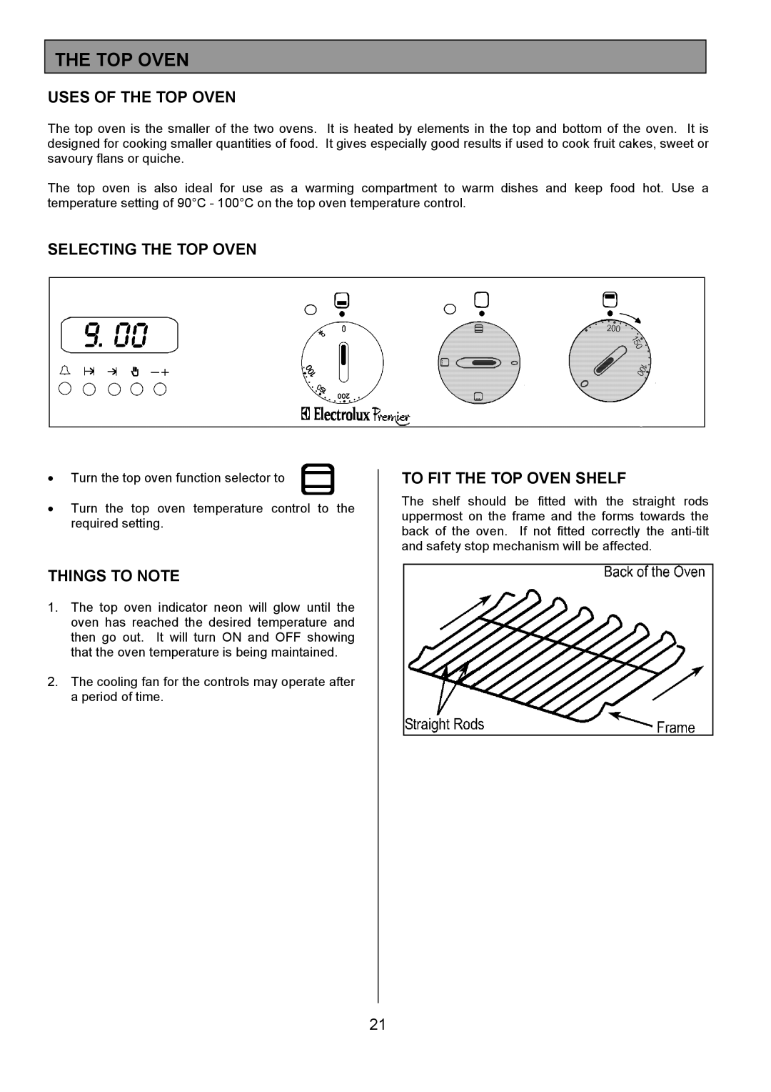 Electrolux EPDOMC manual Uses of the TOP Oven, Selecting the TOP Oven, To FIT the TOP Oven Shelf 