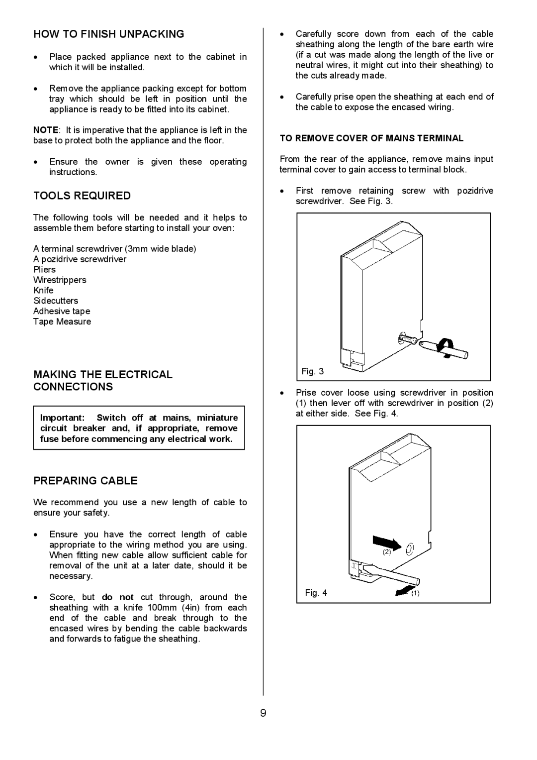 Electrolux EPDOMC manual HOW to Finish Unpacking, Tools Required, Making the Electrical Connections, Preparing Cable 